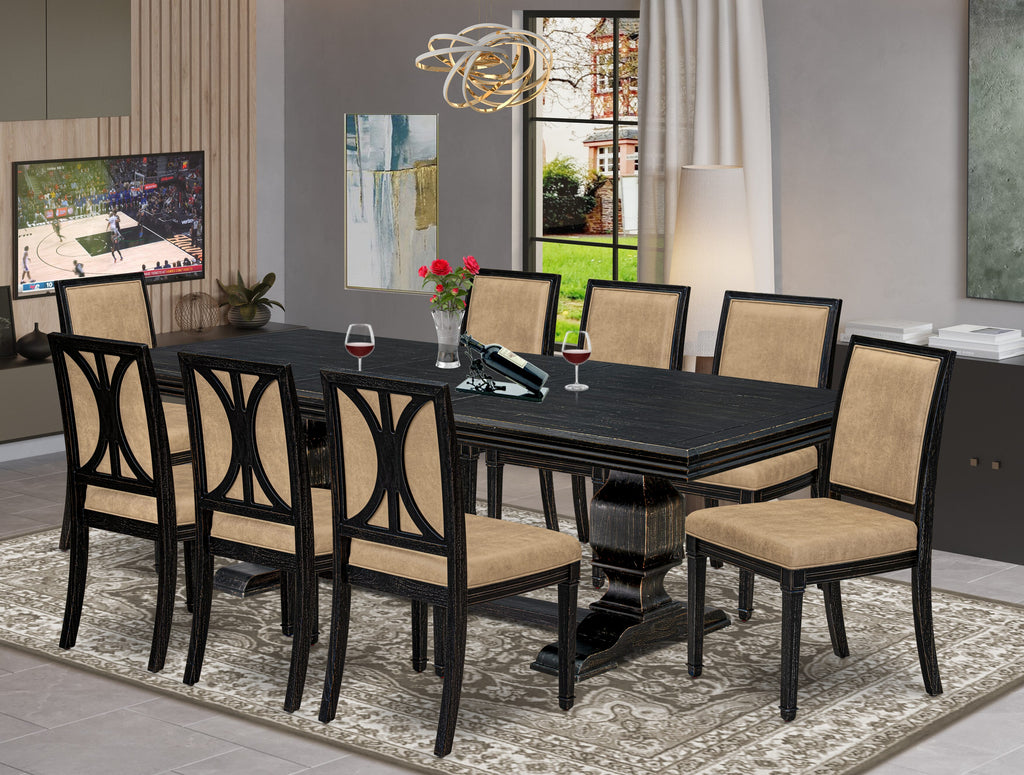 Luxe by East West Furniture NKAM9-SBB-28 9-piece Dining Table Set consists of a Dining Table and 8 Beige PU Leather Kitchen Chairs with High Back - Sand Blasting Black Finish