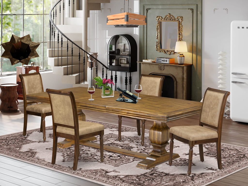 Luxe by East West Furniture NKCY5-AWA-28 5-piece Dining Table Set includes a Kitchen Table and 4 Beige PU Leather Modern Dining Chairs with High Back - Antique Walnut Finish