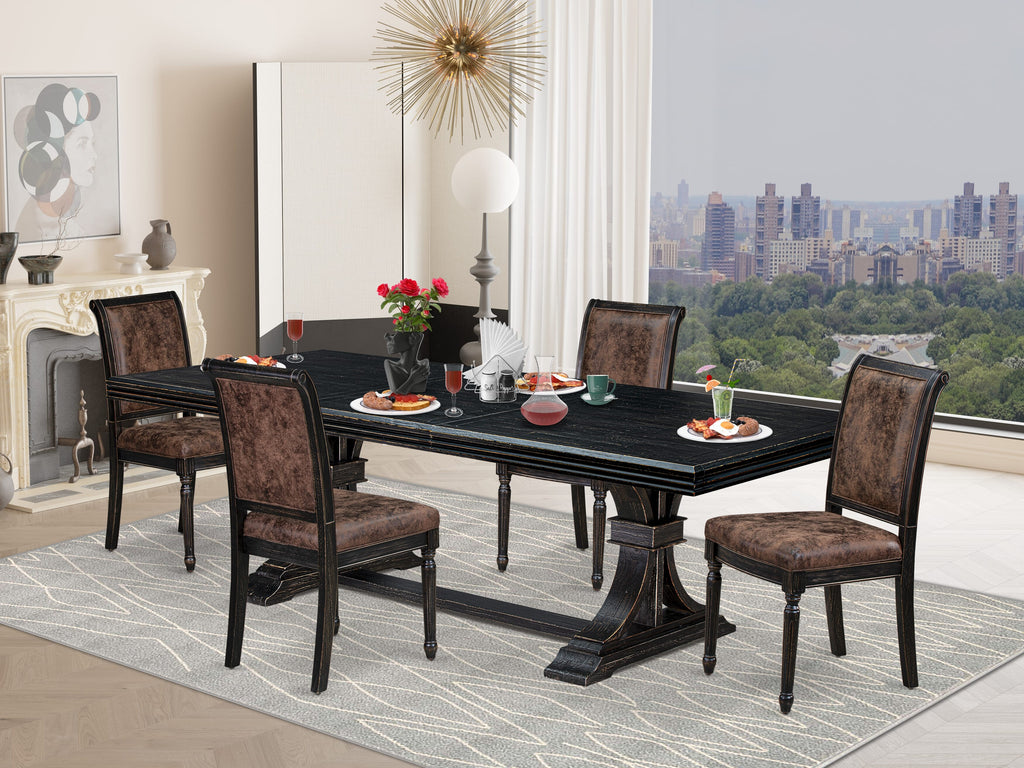 Luxe by East West Furniture NKCY5-SBB-33 5-piece Kitchen Table Set includes a Modern Dining Table and 4 Brown Textured PU Leather Dinner Chairs with High Back - Sand Blasting Black Finish