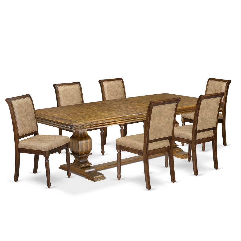 Luxe by East West Furniture NKCY7-AWA-28 7-piece Kitchen Table Set consists of a Modern Dining Table and 6 Beige PU Leather Dinner Chairs with HighBack - Antique Walnut Finish
