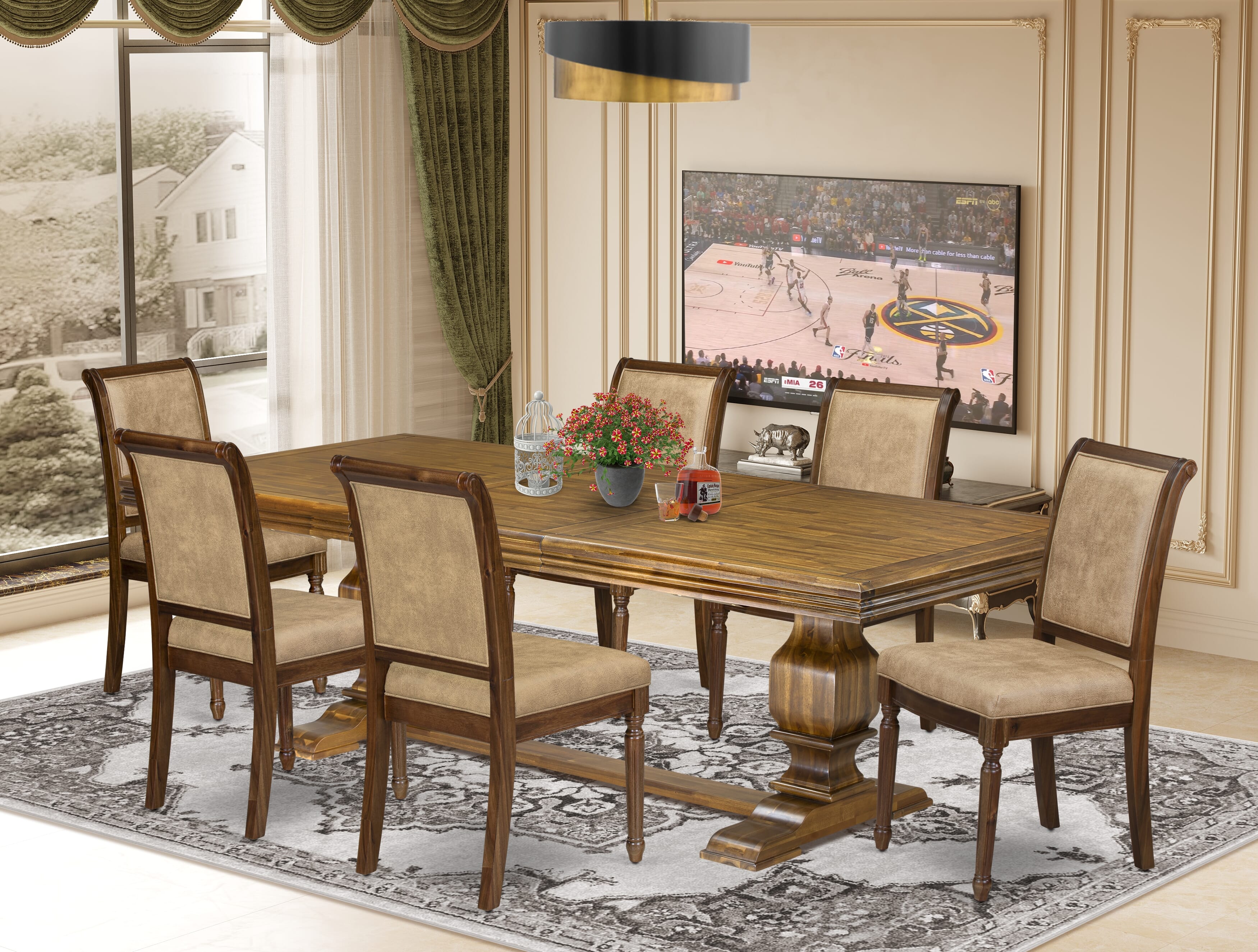 Luxe by East West Furniture NKCY7-AWA-28 7-piece Kitchen Table Set consists of a Modern Dining Table and 6 Beige PU Leather Dinner Chairs with High Back - Antique Walnut Finish