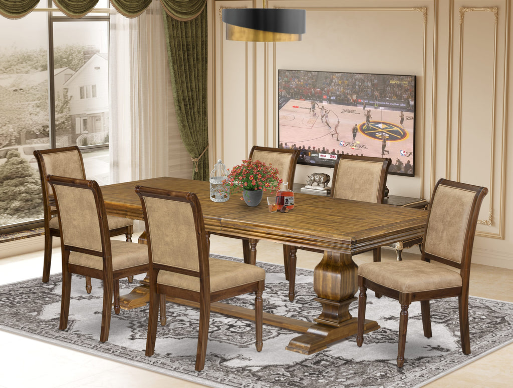 Luxe by East West Furniture NKCY7-AWA-28 7-piece Kitchen Table Set consists of a Modern Dining Table and 6 Beige PU Leather Dinner Chairs with HighBack - Antique Walnut Finish