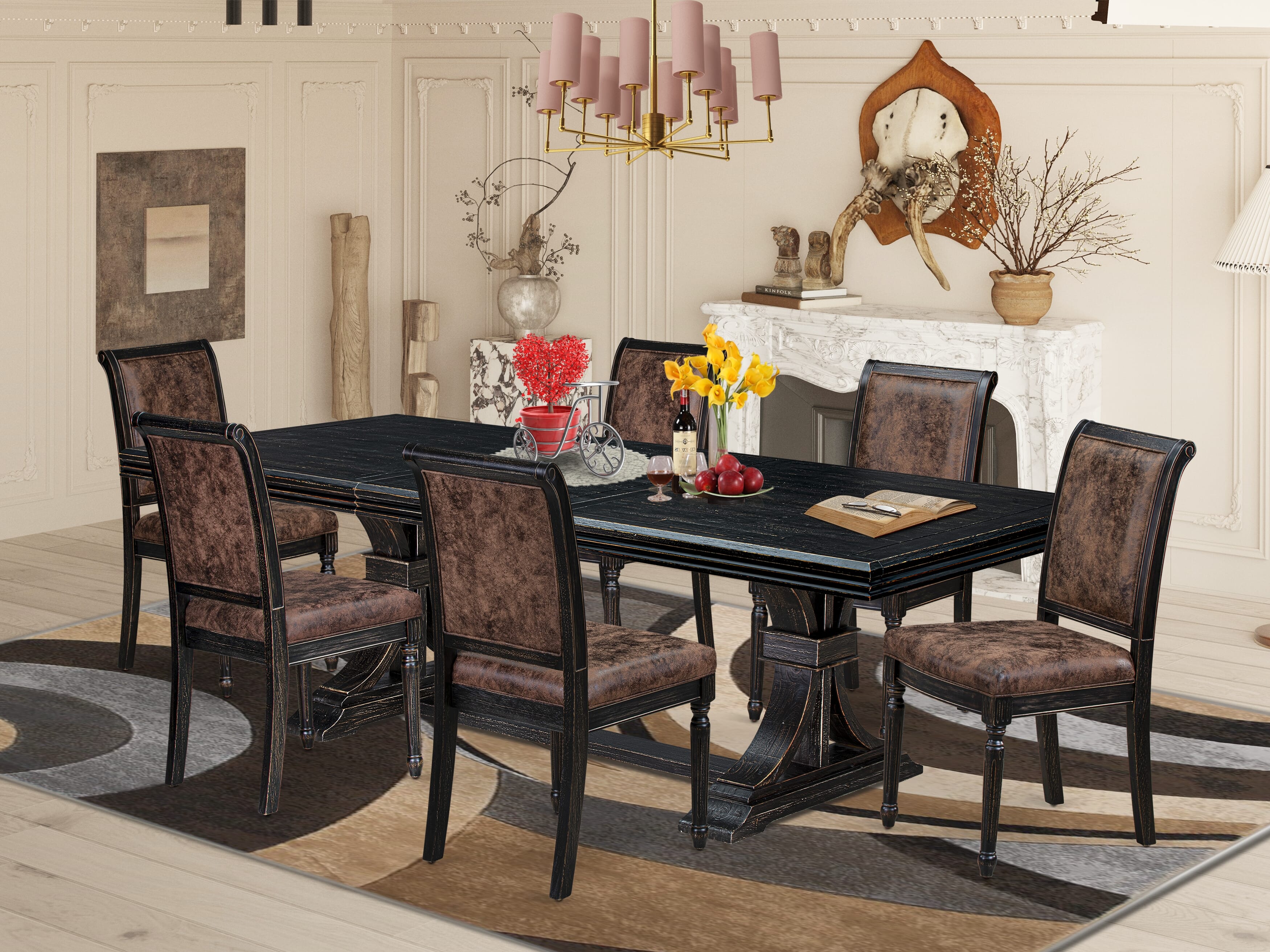 Luxe by East West Furniture NKCY7-SBB-33 7-piece Modern Dining Table Set consists of a Dining Table and 6 Brown Textured PU Leather Dining Room Chairs with High Back - Sand Blasting Black Finish