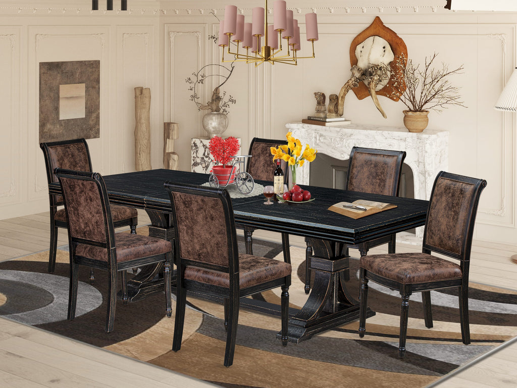 Luxe by East West Furniture NKCY7-SBB-33 7-piece Modern Dining Table Set consists of a Dining Table and 6 Brown Textured PU Leather Dining Room Chairs with High Back - Sand Blasting Black Finish