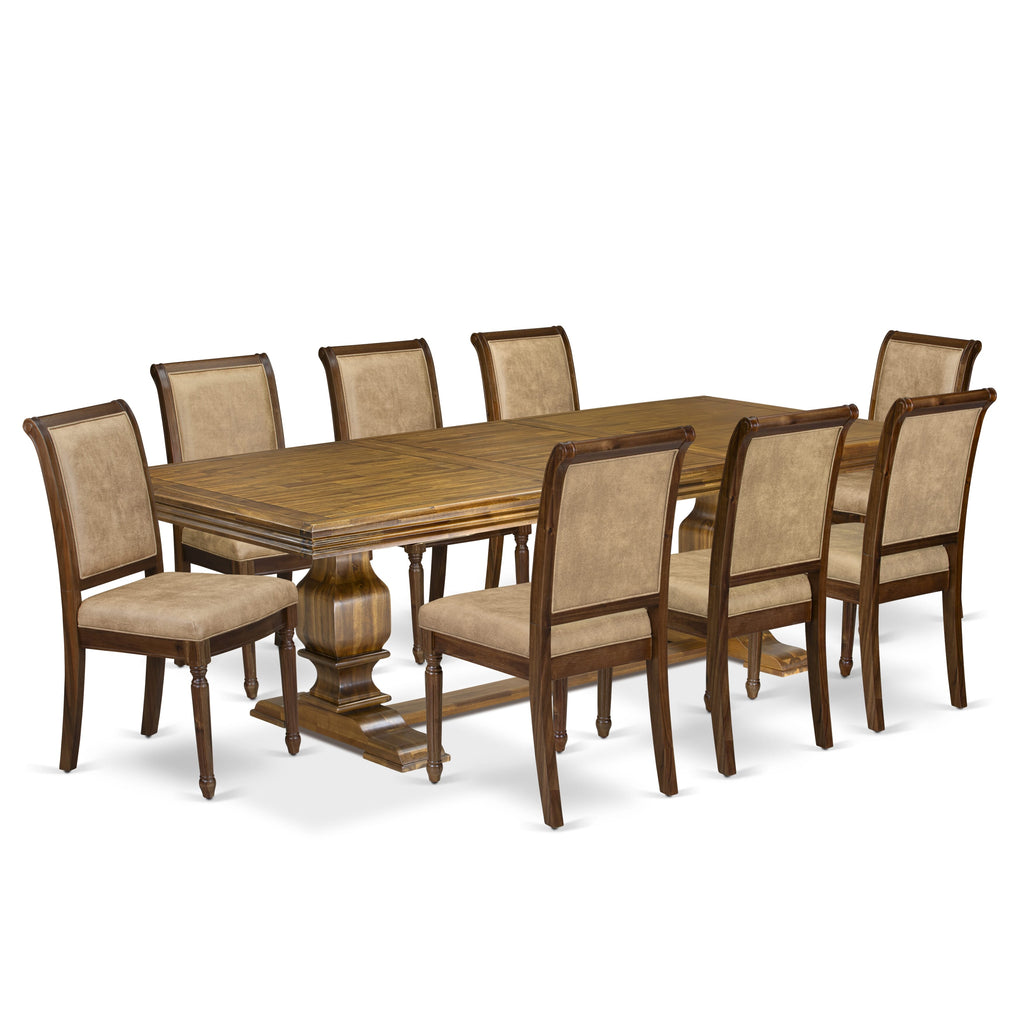Luxe by East West Furniture NKCY9-AWA-28 9-piece Dining Table Set includes a Kitchen Table and 8 Beige PU Leather Dining Room Chairs with High Back - Antique Walnut Finish