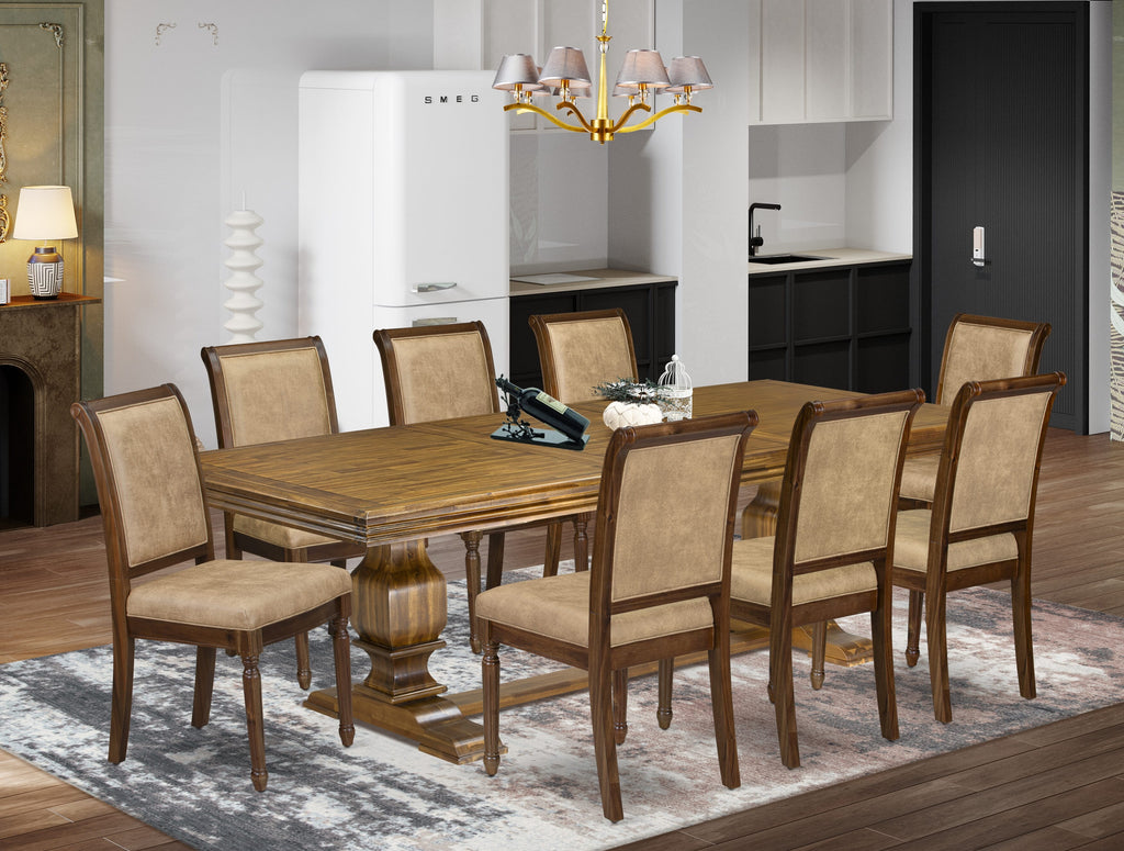 Luxe by East West Furniture NKCY9-AWA-28 9-piece Dining Table Set includes a Kitchen Table and 8 Beige PU Leather Dining Room Chairs with High Back - Antique Walnut Finish