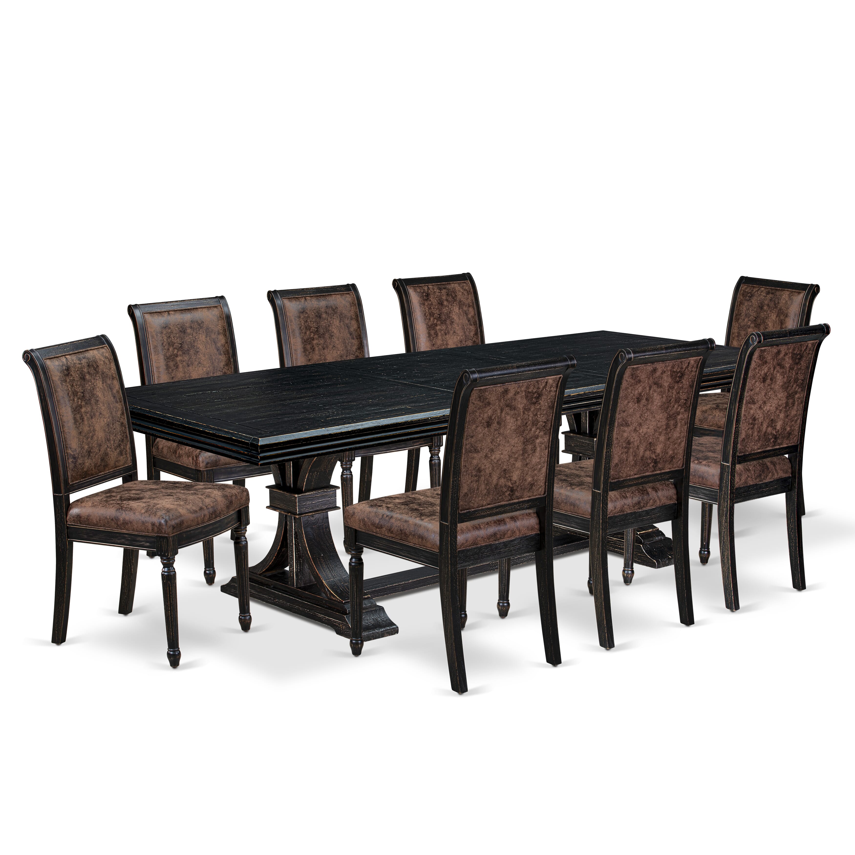 Luxe by East West Furniture NKCY9-SBB-33 9-piece Kitchen Table Set includes a Modern Dining Table and 8 Brown Textured PU Leather Dinner Chairs with High Back - Sand Blasting Black Finish