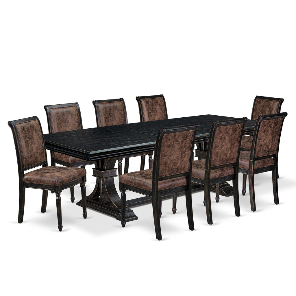 Luxe by East West Furniture NKCY9-SBB-33 9-piece Kitchen Table Set includes a Modern Dining Table and 8 Brown Textured PU Leather Dinner Chairs with High Back - Sand Blasting Black Finish