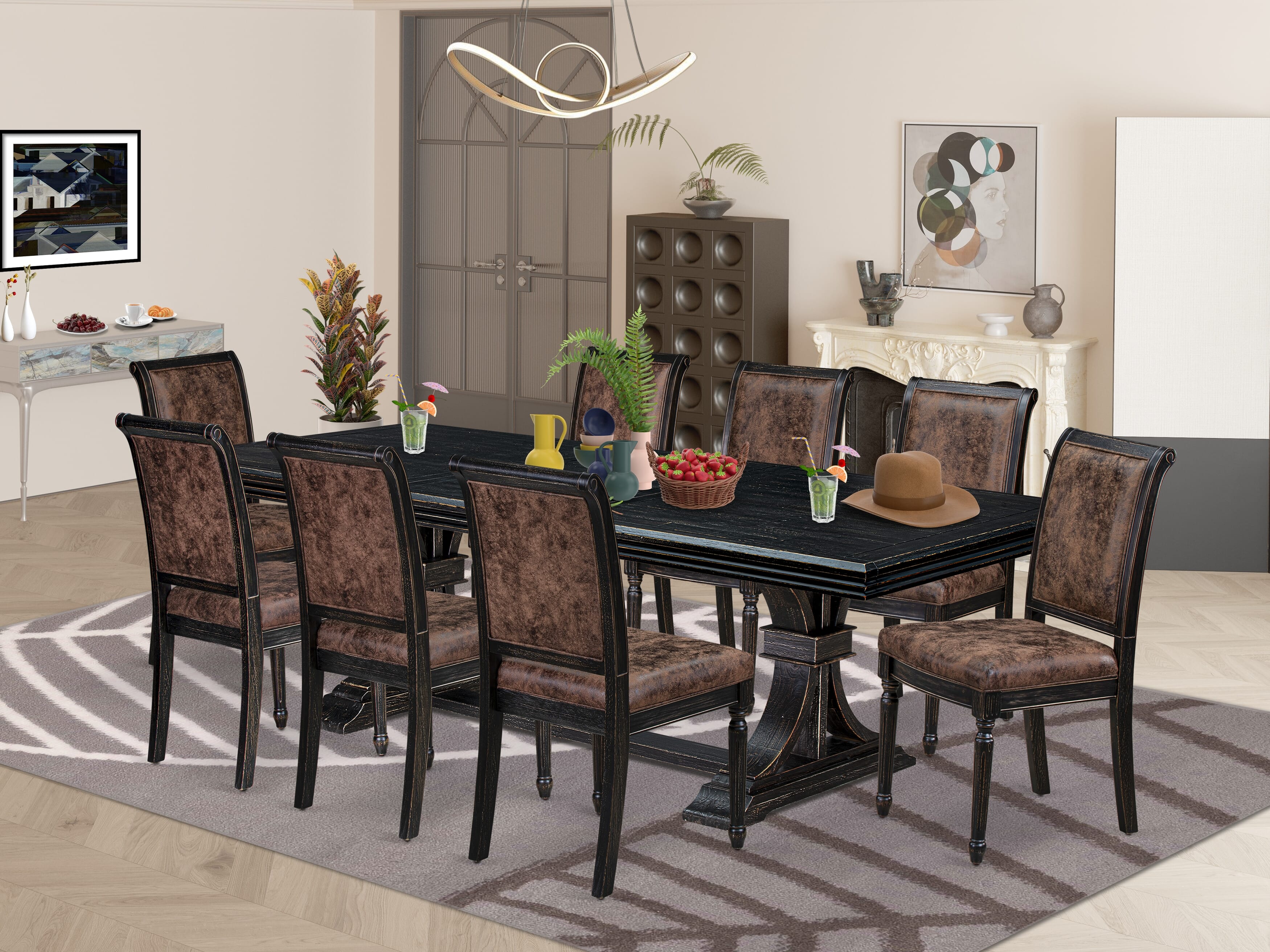 Luxe by East West Furniture NKCY9-SBB-33 9-piece Kitchen Table Set includes a Modern Dining Table and 8 Brown Textured PU Leather Dinner Chairs with High Back - Sand Blasting Black Finish