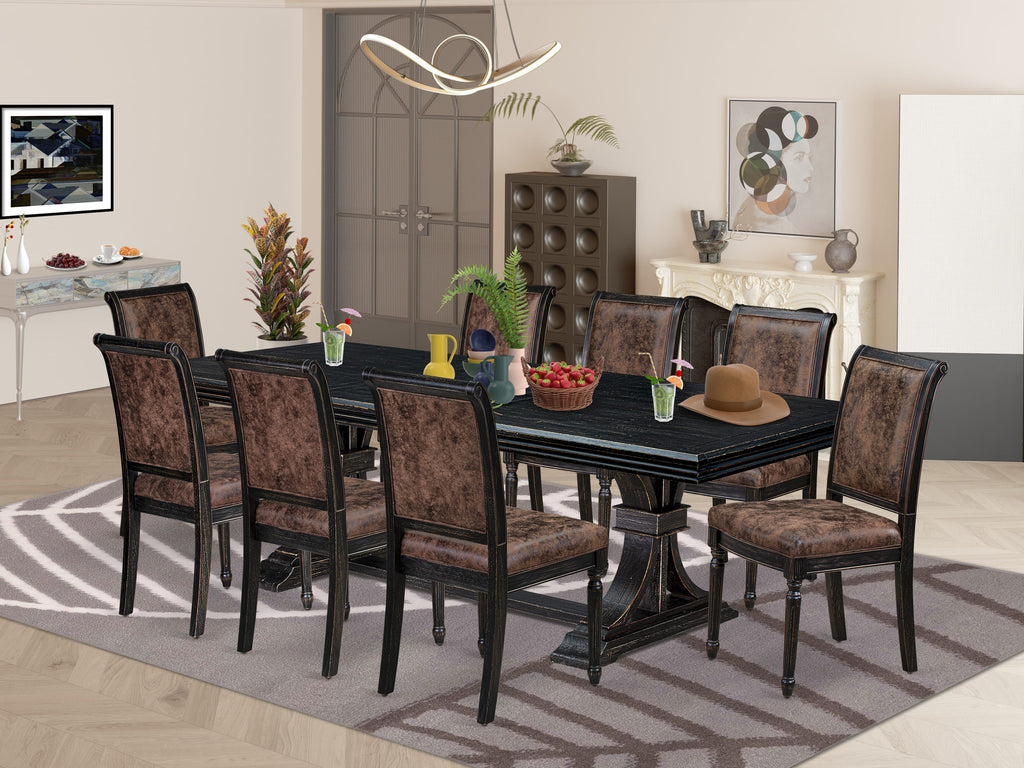 Luxe by East West Furniture NKCY9-SBB-33 9-piece Kitchen Table Set includes a Modern Dining Table and 8 Brown Textured PU Leather Dinner Chairs with High Back - Sand Blasting Black Finish