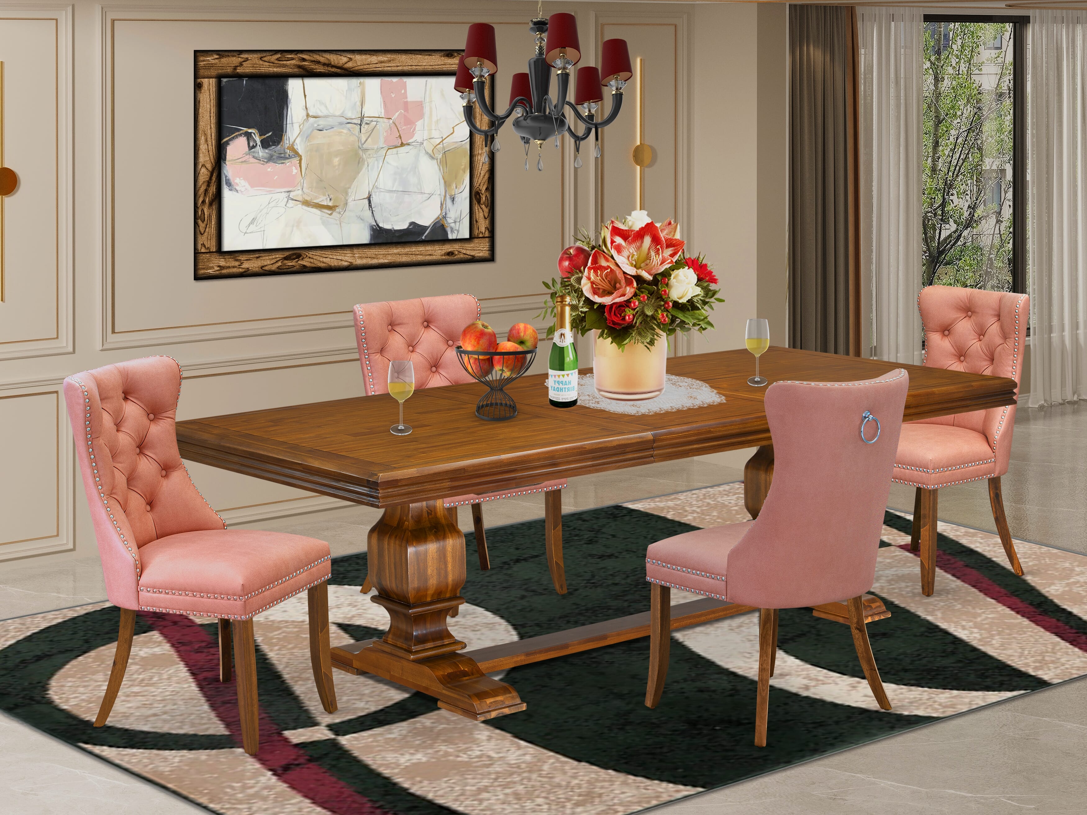 Luxe by East West Furniture NKDA5-AWA-23 5-piece Dining Table Set includes a Kitchen Table and 4 Beige Red Faux Leather Dining room Chairs with Button tufted Back - Antique Walnut Finish