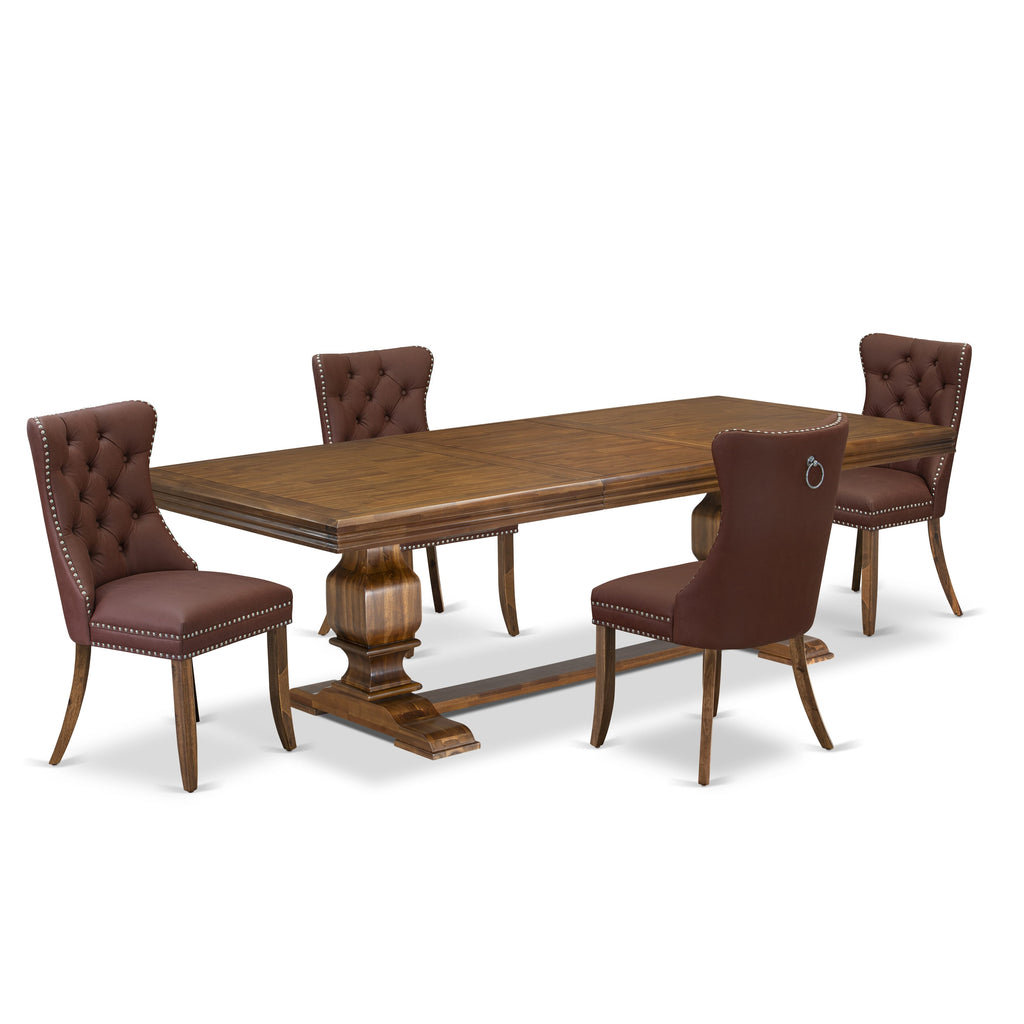 Luxe by East West Furniture NKDA5-AWA-26-5 Pieces Modern Dining Set Includes a Rectangle Kitchen Table and 4 Burgundy Faux Leather Dining Chairs, Antique Walnut