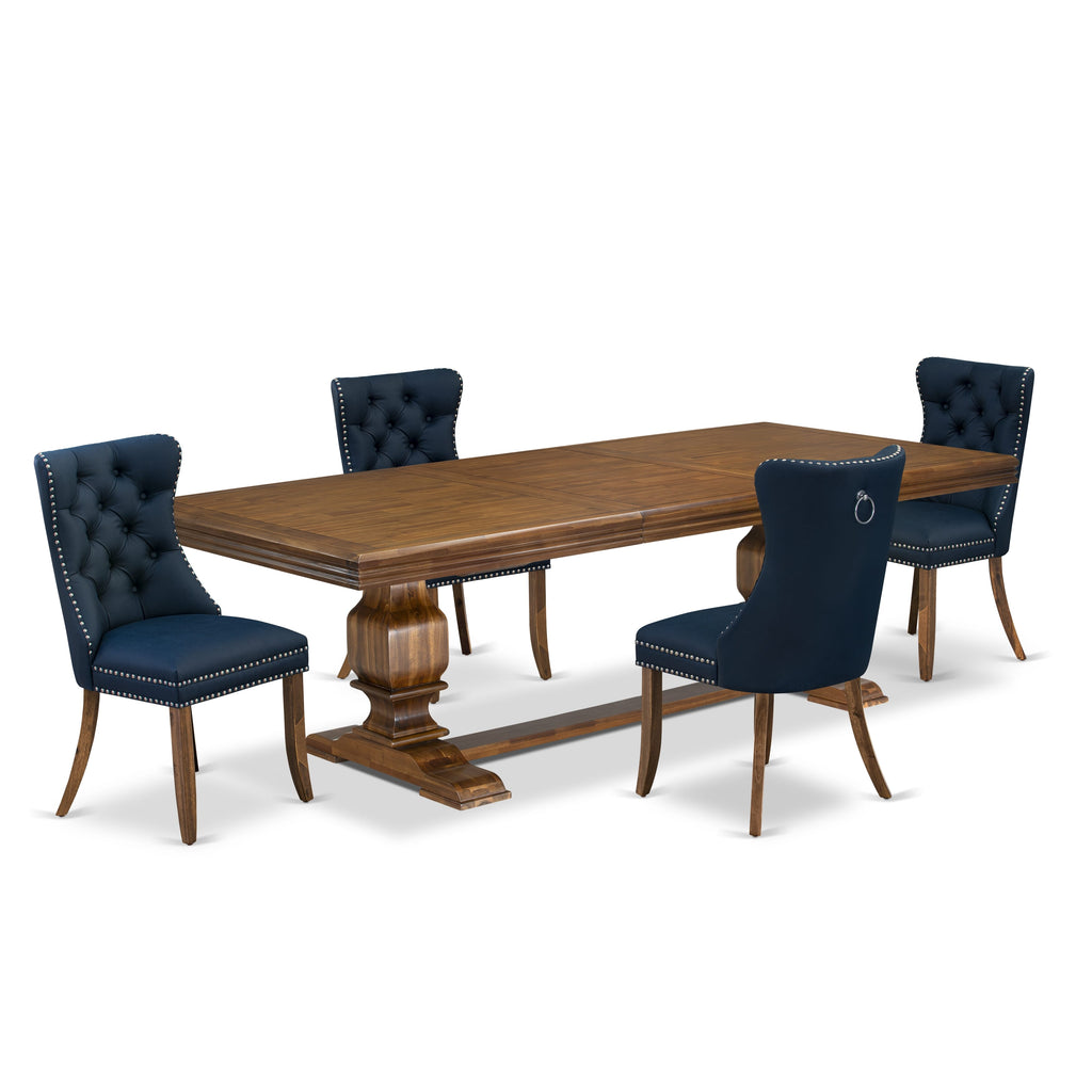 Luxe by East West Furniture NKDA5-AWA-29-5 Pieces Modern Dining Set Includes a Rectangle Kitchen Table and 4 Navy Blue Faux Leather Dining Chairs, Antique Walnut