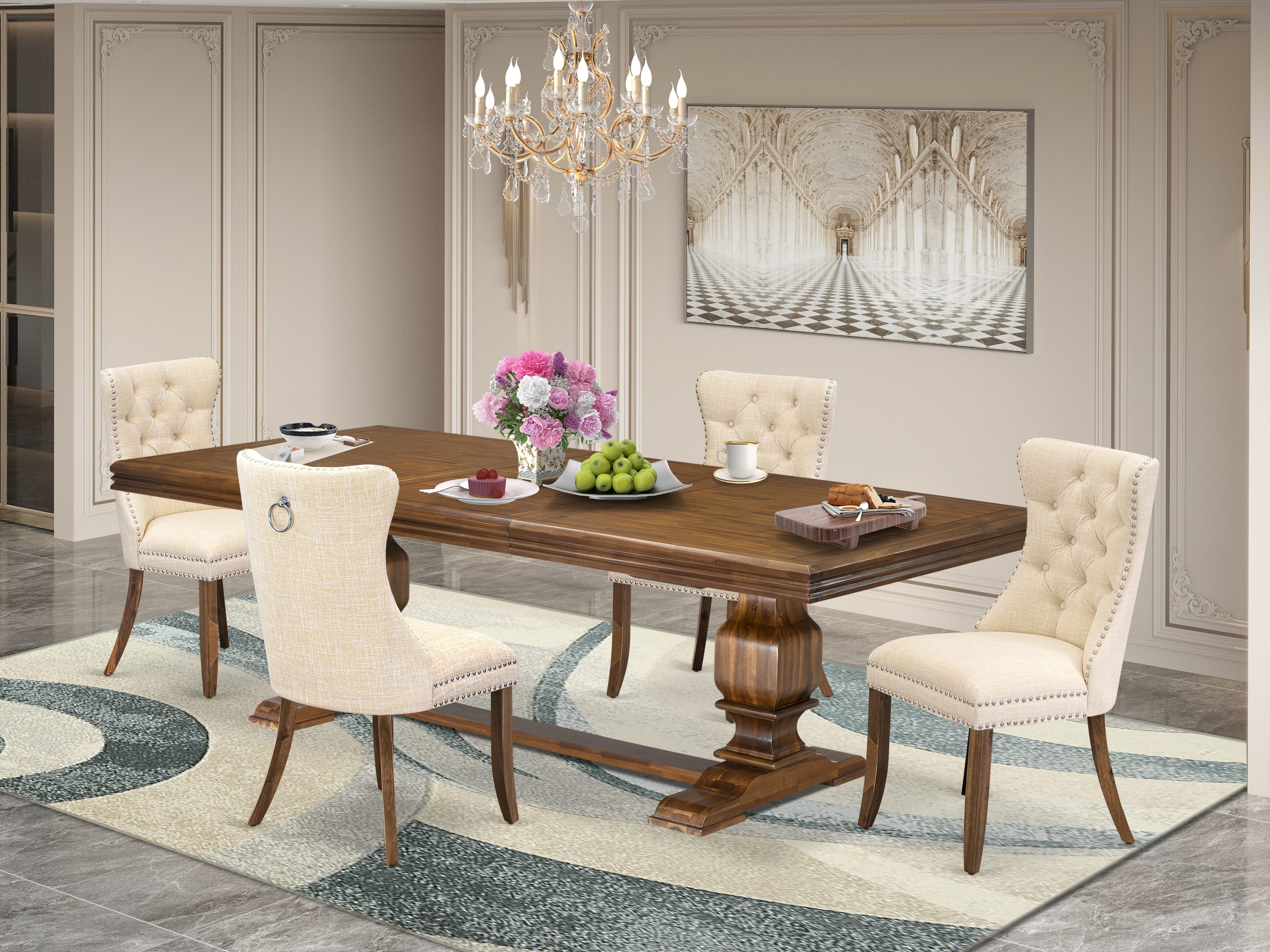 Luxe by East West Furniture NKDA5-AWA-32 5 Pieces Modern Dining Set Includes a Rectangle Kitchen Table and 4 Light Beige Linen fabric Dining Chairs, Antique Walnut