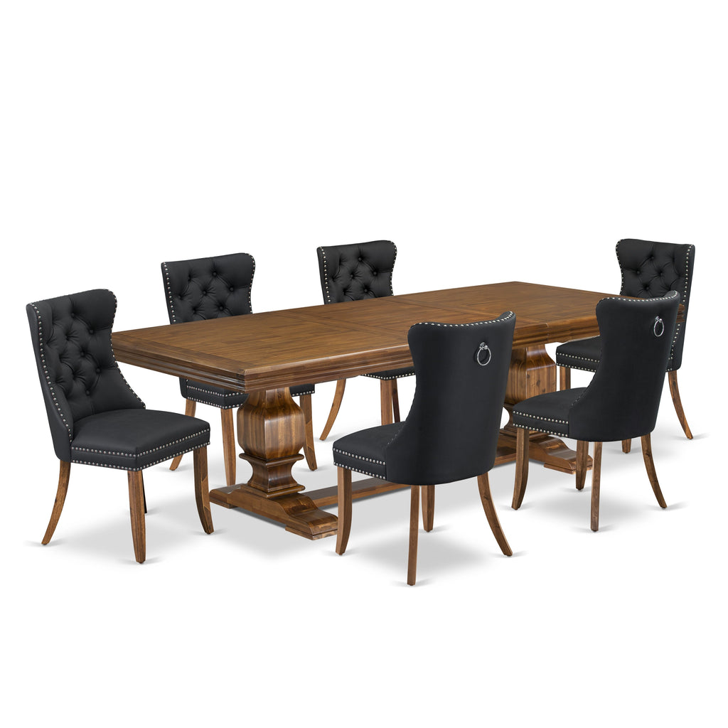 Luxe by East West Furniture NKDA7-AWA-12 7-piece Mid-Century Dining Table Set consists of a Dining Table and 6 Dark Grey PU Leather Dinner Chairs with Button tufted Back - Antique Walnut Finish