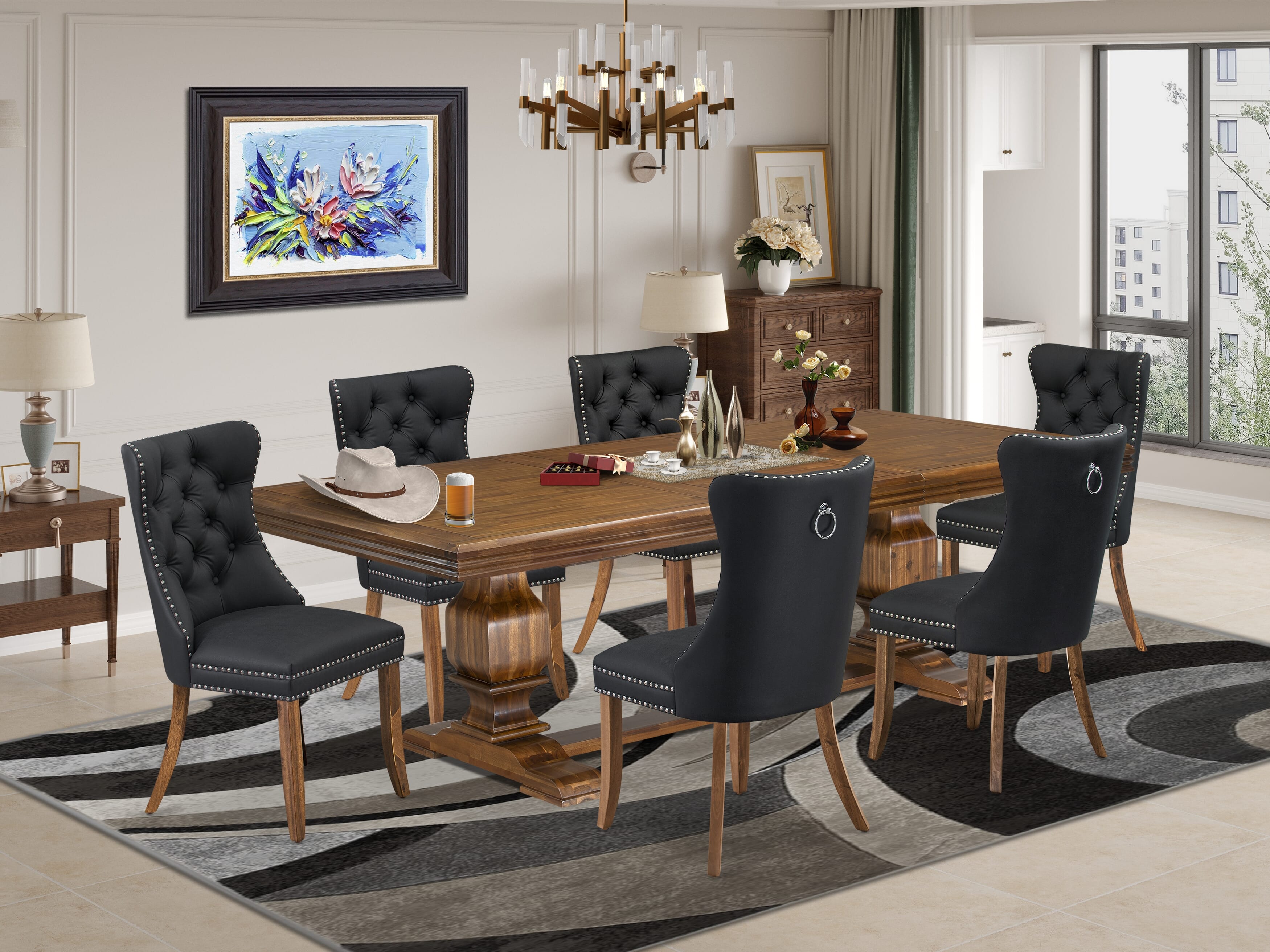Luxe by East West Furniture NKDA7-AWA-12 7-piece Mid-Century Dining Table Set consists of a Dining Table and 6 Dark Grey PU Leather Dinner Chairs with Button tufted Back - Antique Walnut Finish