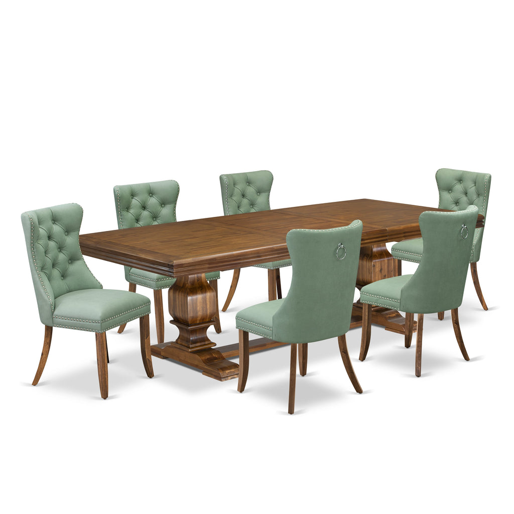Luxe by East West Furniture NKDA7-AWA-22 7-piece Kitchen Table Set includes a Dining Table and 6 Willow Green PU Leather Dinner Chairs with Button tufted Back - Antique Walnut Finish