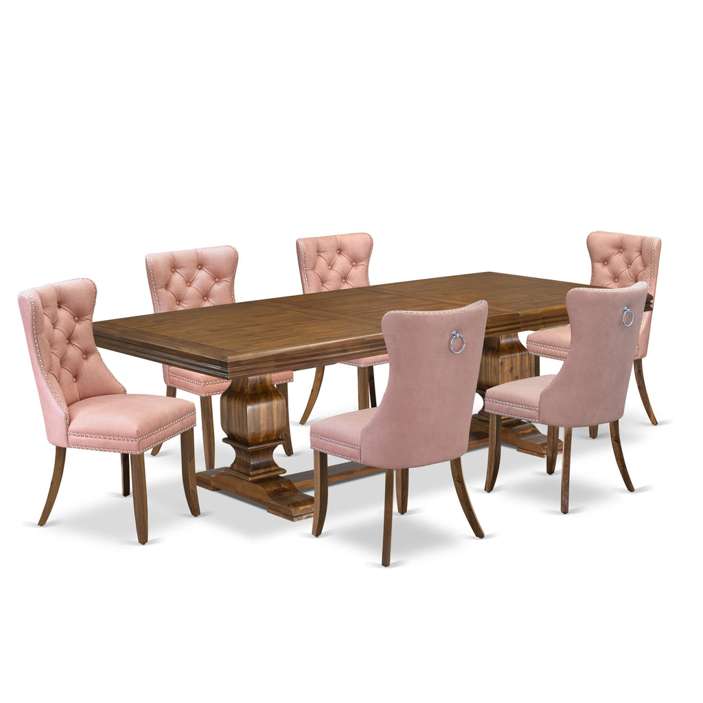 Luxe by East West Furniture NKDA7-AWA-23 7-piece Modern Dining Table Set consists of a Dining Table and 6 Beige Red Faux Leather Dinner Chairs with Button tufted Back - Antique Walnut Finish