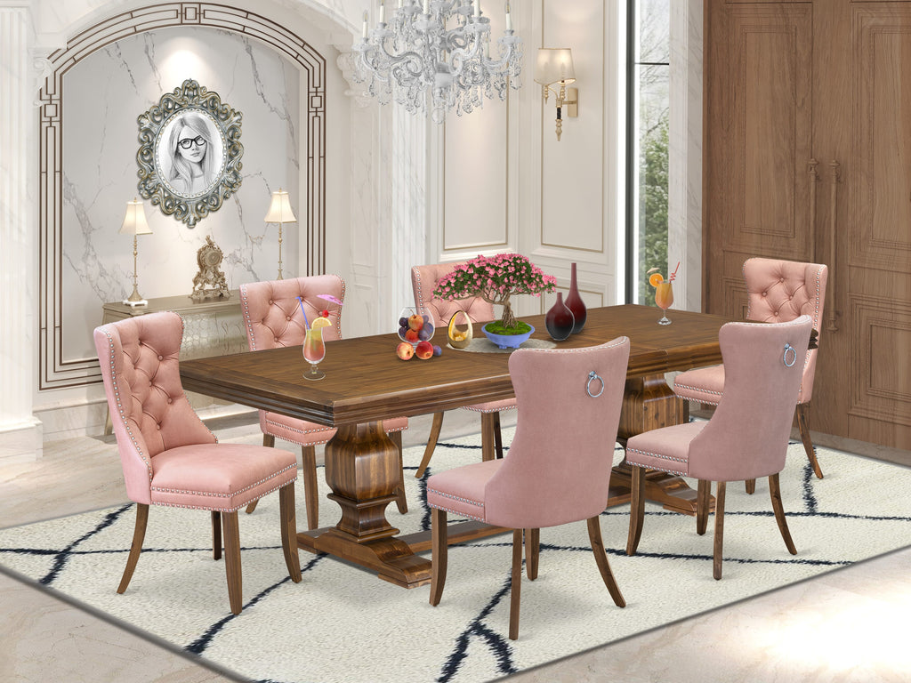 Luxe by East West Furniture NKDA7-AWA-23 7-piece Modern Dining Table Set consists of a Dining Table and 6 Beige Red Faux Leather Dinner Chairs with Button tufted Back - Antique Walnut Finish
