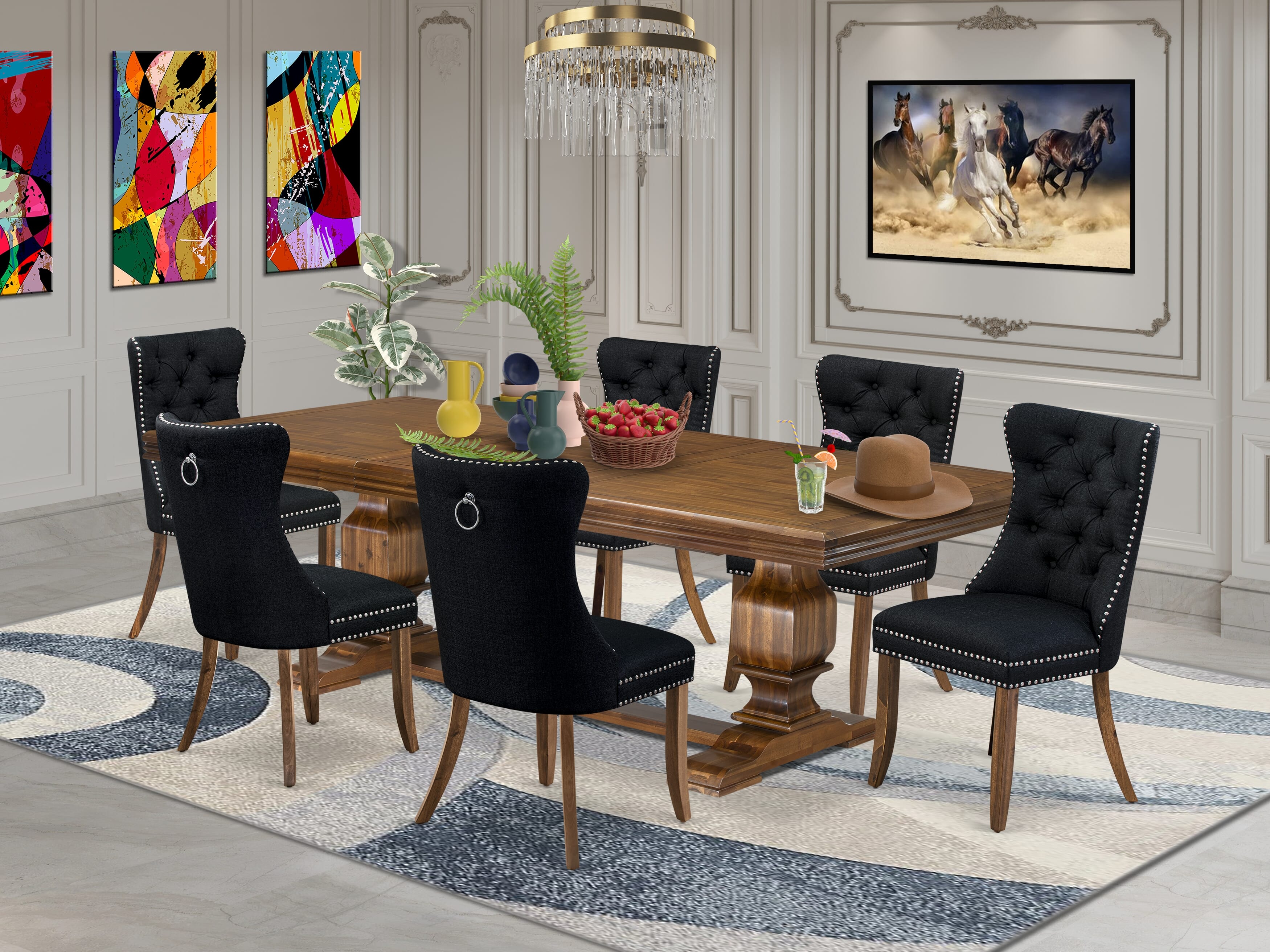 Luxe by East West Furniture NKDA7-AWA-24 7 Pieces Dining Set Contains a Rectangle Kitchen Table and 6 Black Linen fabric Modern Chairs, Antique Walnut
