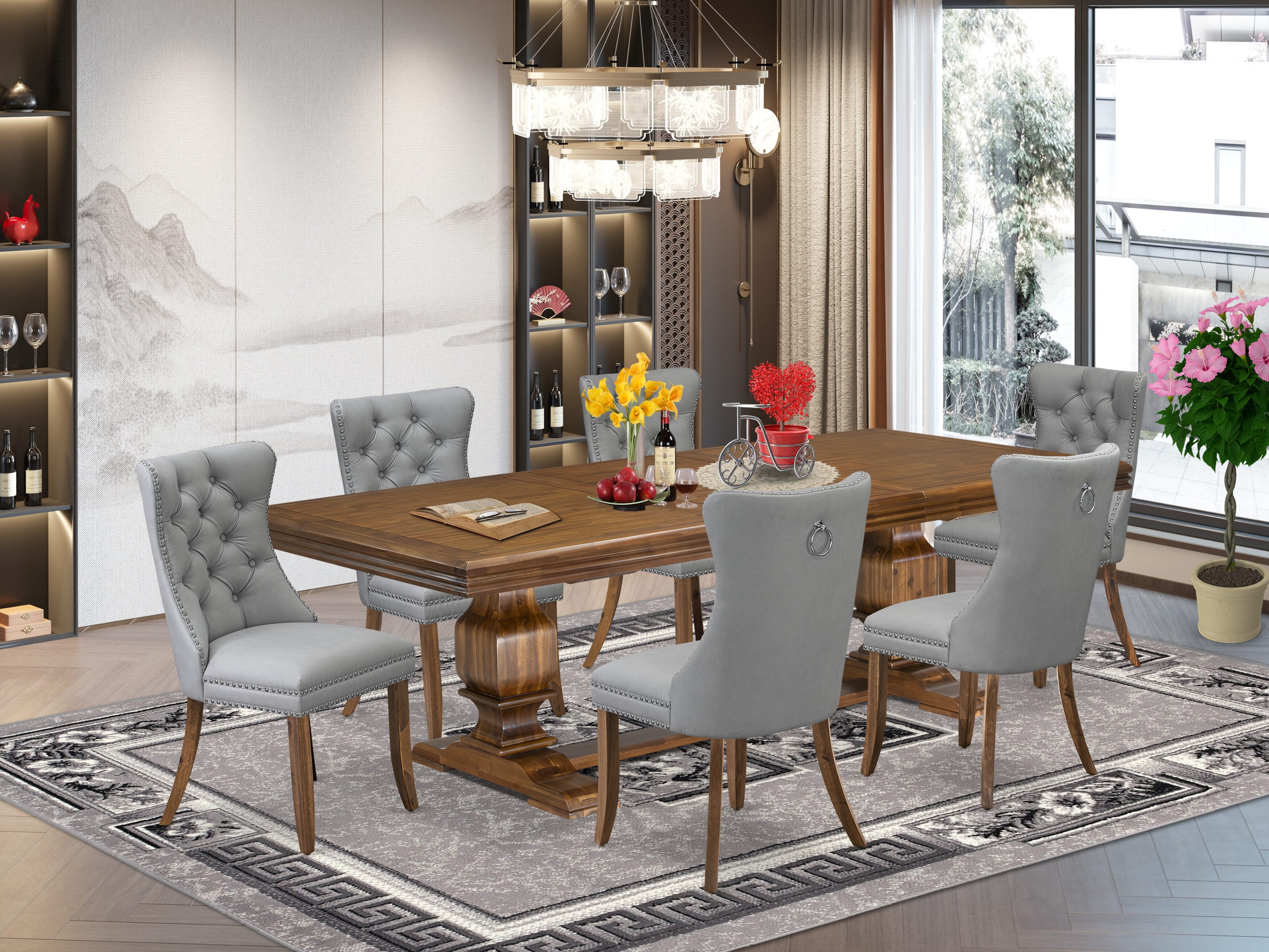 Luxe by East West Furniture NKDA7-AWA-27-7 Pieces Dining Set Contains a Rectangle Kitchen Table and 6 Light Gray Faux Leather Modern Chairs, Antique Walnut