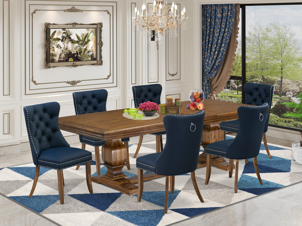 Luxe by East West Furniture NKDA7-AWA-29-7 Pieces Dining Set Contains a Rectangle Kitchen Table and 6 Navy Blue Faux Leather Modern Chairs, Antique Walnut