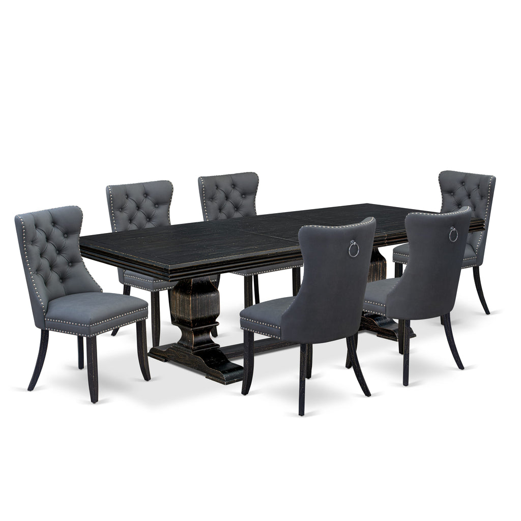 Luxe by East West Furniture NKDA7-SBB-13 7 Pieces Dining Set Contains a Rectangle Kitchen Table and 6 Platinum Gray Faux Leather Modern Chairs, Sand Blasting Black