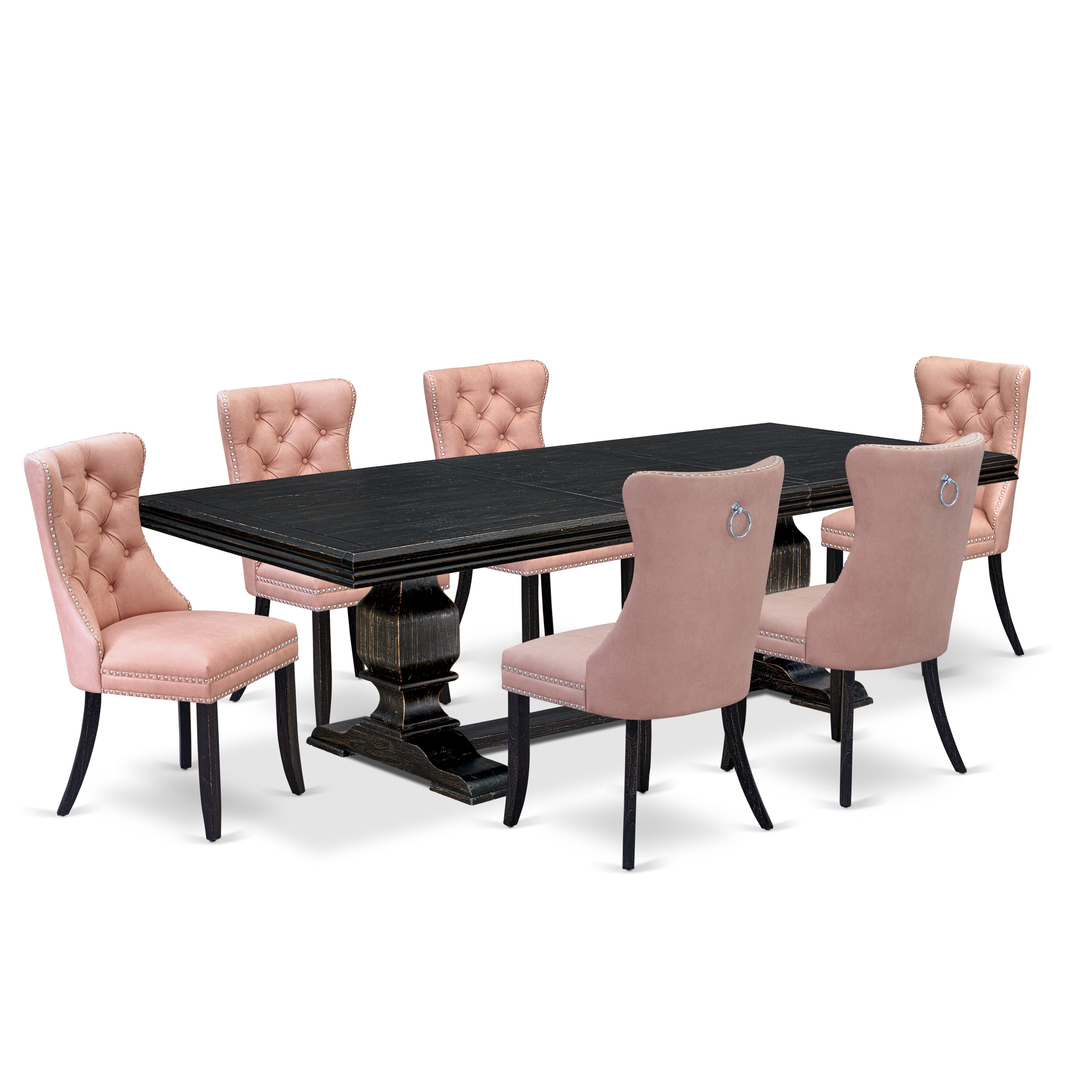 Luxe by East West Furniture NKDA7-SBB-23 7 Pieces Dining Set Contains a Rectangle Kitchen Table and 6 Beige Red Faux Leather Modern Chairs, Sand Blasting Black