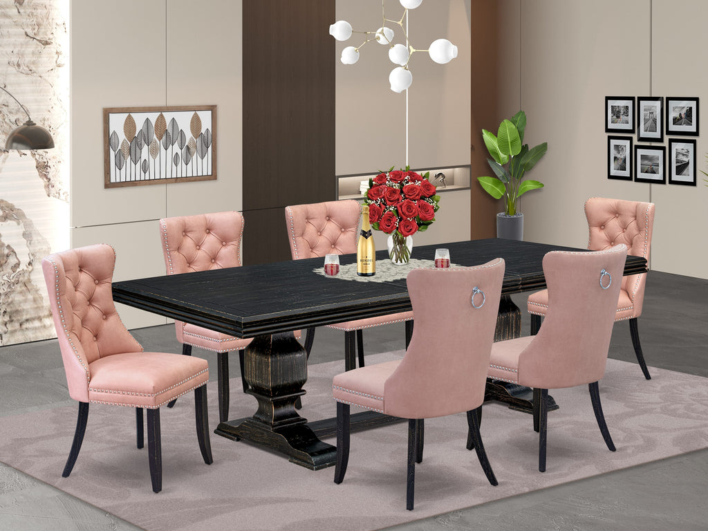 Luxe by East West Furniture NKDA7-SBB-23 7 Pieces Dining Set Contains a Rectangle Kitchen Table and 6 Beige Red Faux Leather Modern Chairs, Sand Blasting Black