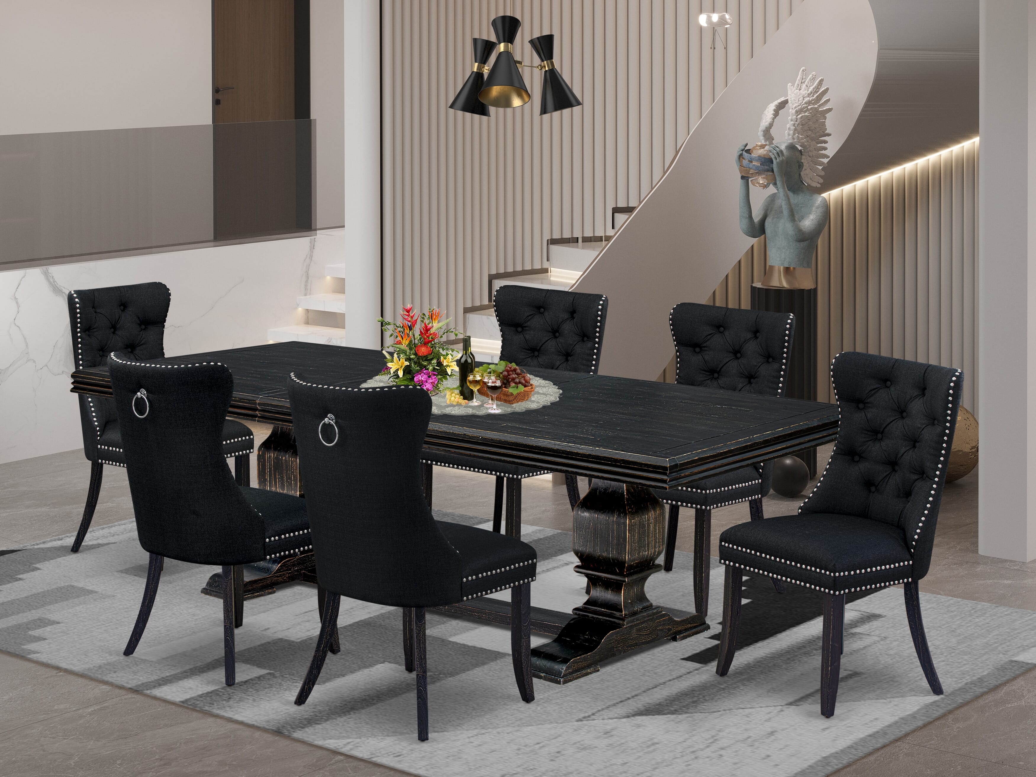 Luxe by East West Furniture NKDA7-SBB-24 - 7-piece kitchen set includes a consists of table and 6 Black Linen Fabric modern chairs with Button Tufted Chair Back - Sand Blasting Black Finish.