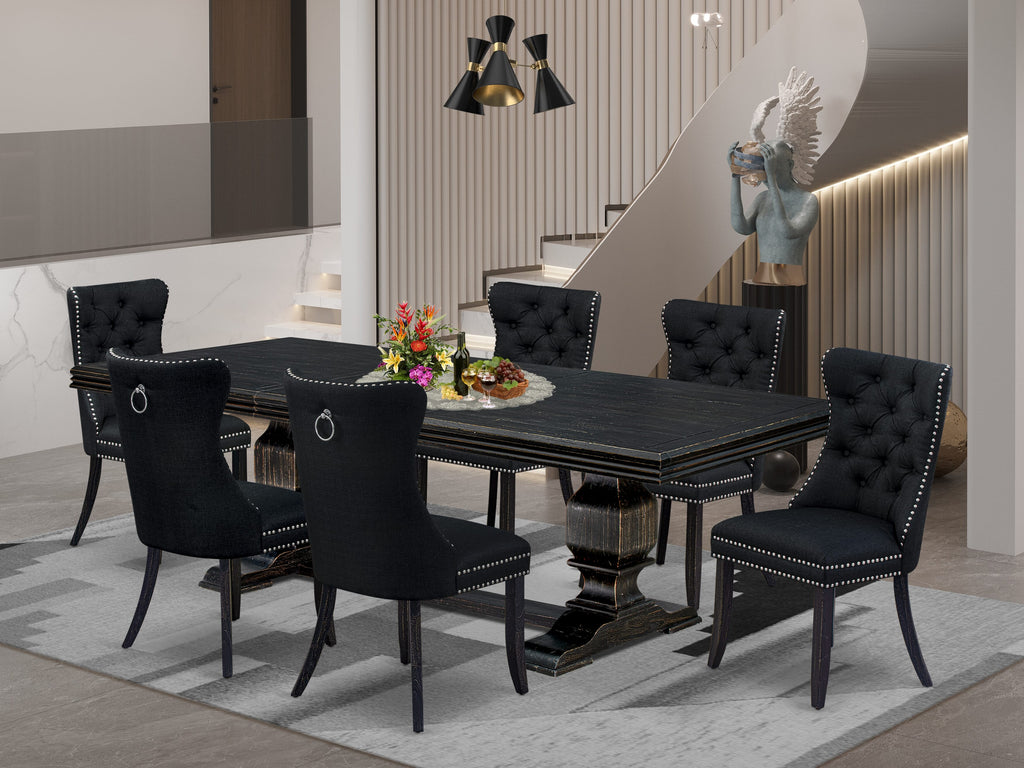 Luxe by East West Furniture NKDA7-SBB-24 - 7-piece kitchen set includes a consists of table and 6 Black Linen Fabric modern chairs with Button Tufted Chair Back - Sand Blasting Black Finish.