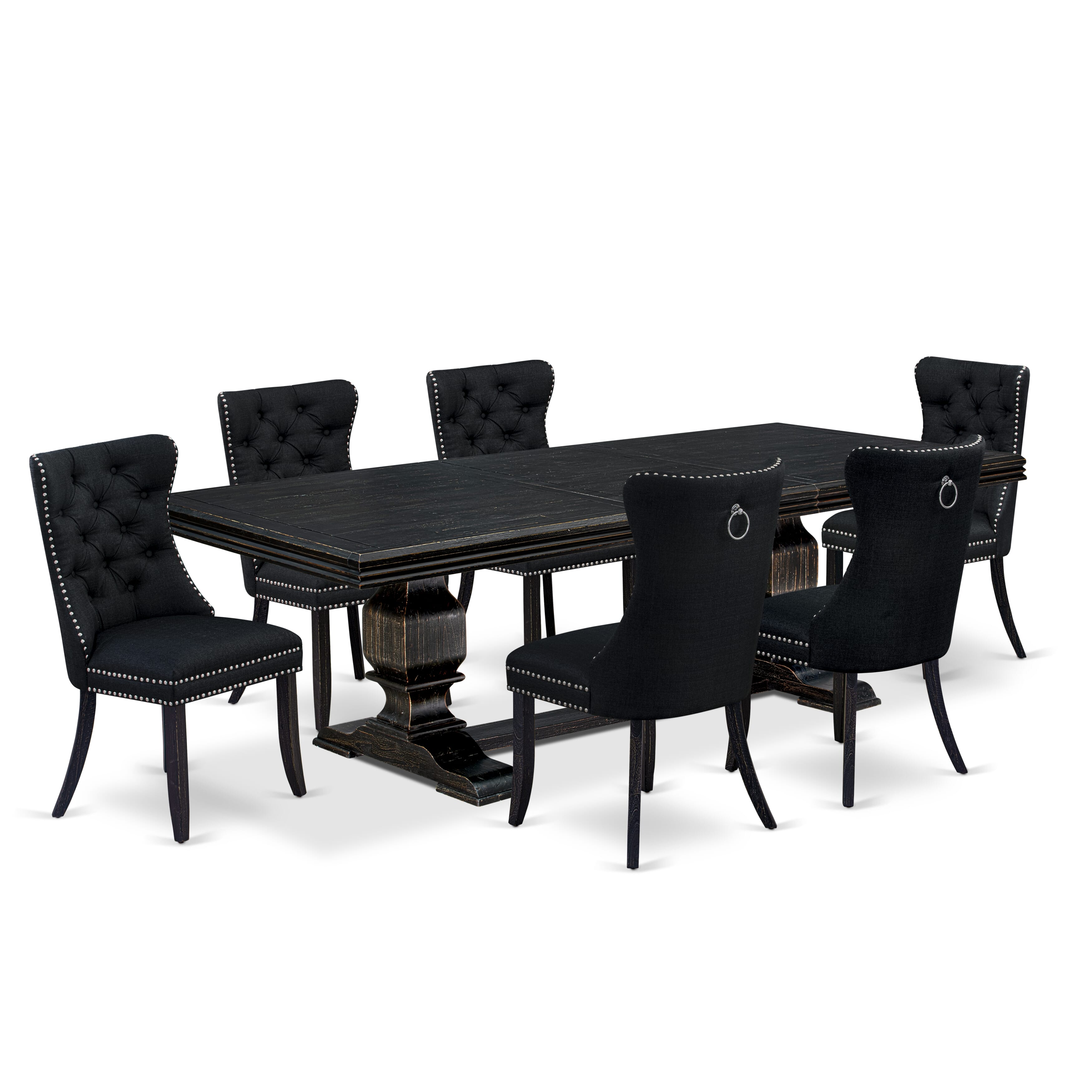 Luxe by East West Furniture NKDA7-SBB-24 - 7-piece kitchen set includes a consists of table and 6 Black Linen Fabric modern chairs with Button Tufted Chair Back - Sand Blasting Black Finish.