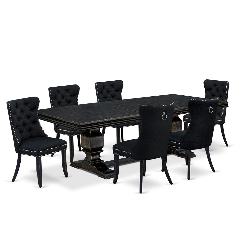 Luxe by East West Furniture NKDA7-SBB-24 - 7-piece kitchen set includes a consists of table and 6 Black Linen Fabric modern chairs with Button Tufted Chair Back - Sand Blasting Black Finish.