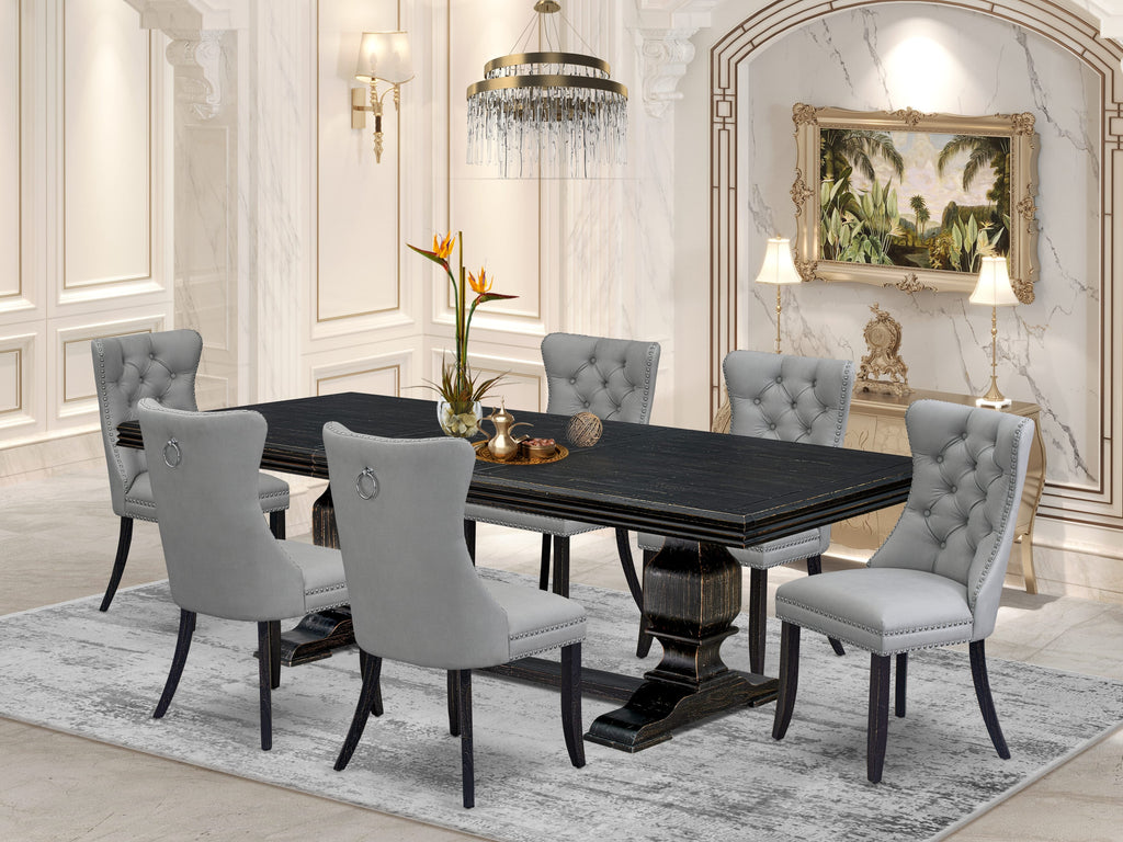 Luxe by East West Furniture NKDA7-SBB-27 - 7-piece dining set includes a rectangular table and 6 Light Gray Faux Leather dining Chairs with Button Tufted Chair Back - Sand Blasting Black Finish.