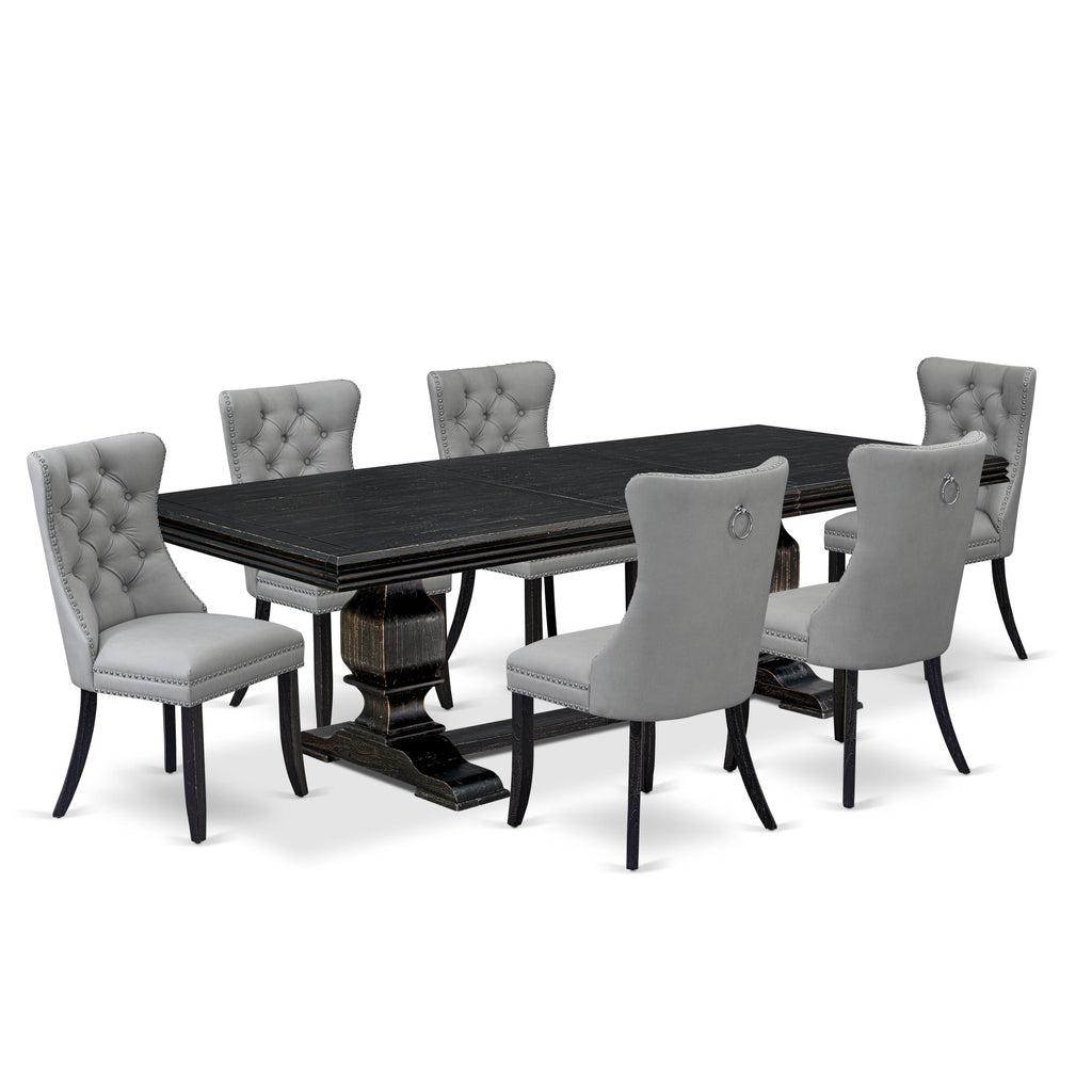 Luxe by East West Furniture NKDA7-SBB-27 - 7-piece dining set includes a rectangular table and 6 Light Gray Faux Leather dining Chairs with Button Tufted Chair Back - Sand Blasting Black Finish.