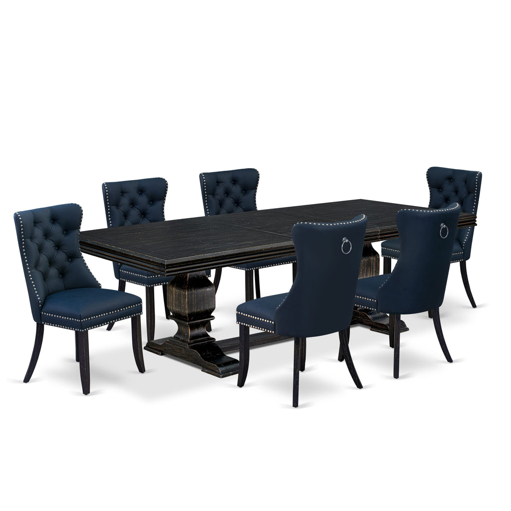 Luxe by East West Furniture NKDA7-SBB-29 - 7-piece dining room set includes a rectangular table and 6 Navy Blue Faux Leather parson Chairs with Button Tufted Chair Back - Sand Blasting Black Finish.