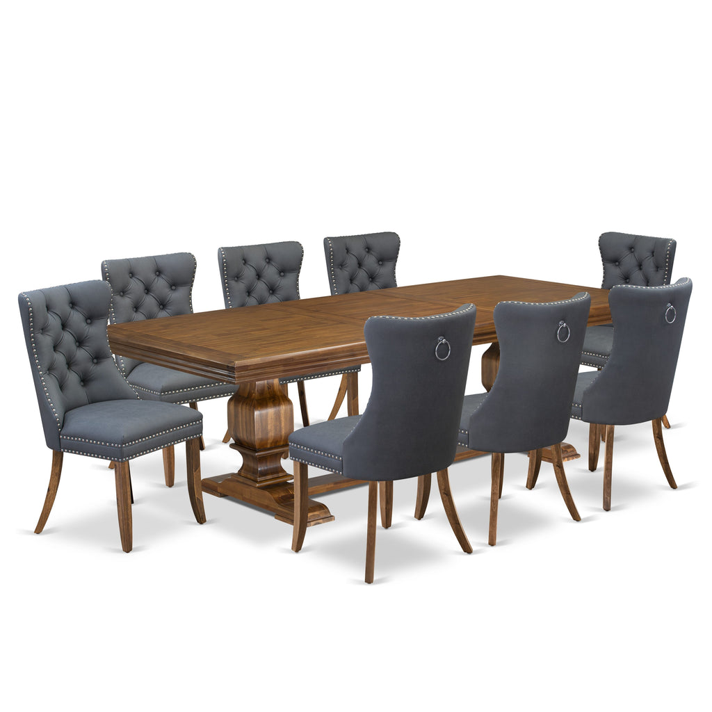 Luxe by East West Furniture NKDA9-AWA-13 9-piece Dining Table Set consists of a Kitchen Table and 8 Platinum Gray PU Leather Dining room Chairs with Button tufted Back - Antique Walnut Finish