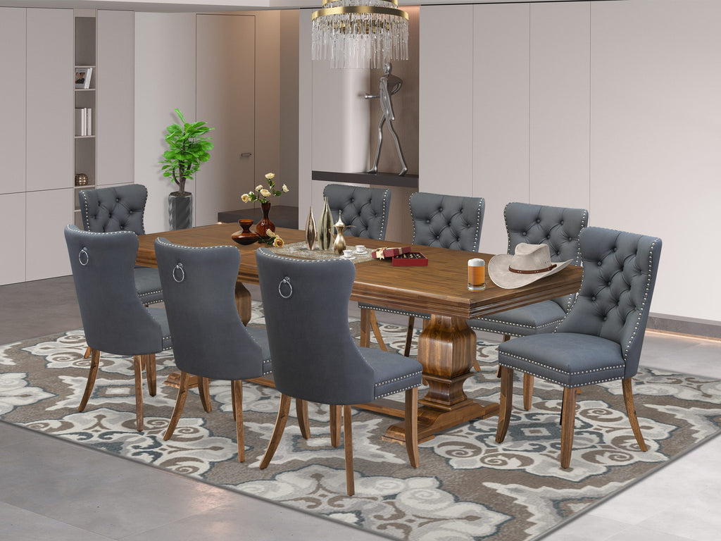 Luxe by East West Furniture NKDA9-AWA-13 9-piece Dining Table Set consists of a Kitchen Table and 8 Platinum Gray PU Leather Dining room Chairs with Button tufted Back - Antique Walnut Finish