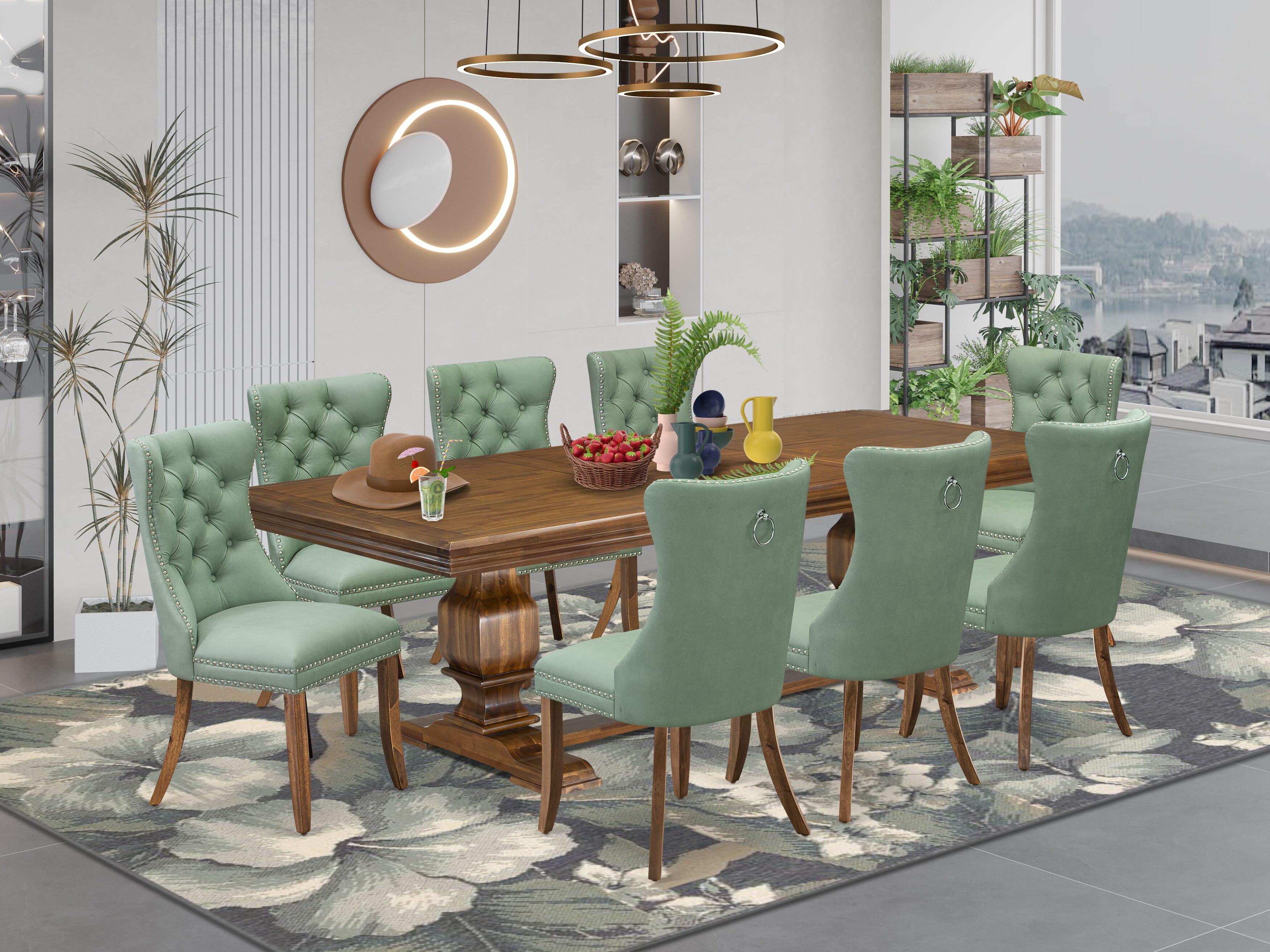 Luxe by East West Furniture NKDA9-AWA-22 9-piece Mid-Century Dining Table Set includes a Kitchen Table and 8 Willow Green PU Leather Dining Chairs with Button tufted Back - Antique Walnut Finish