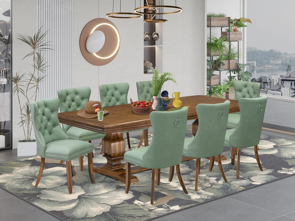 Luxe by East West Furniture NKDA9-AWA-22 9-piece Mid-Century Dining Table Set includes a Kitchen Table and 8 Willow Green PU Leather Dining Chairs with Button tufted Back - Antique Walnut Finish