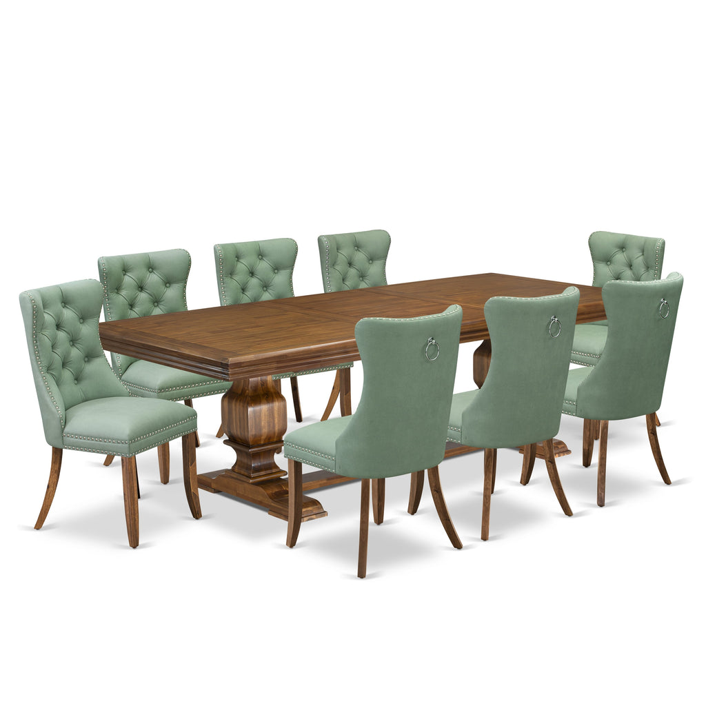 Luxe by East West Furniture NKDA9-AWA-22 9-piece Mid-Century Dining Table Set includes a Kitchen Table and 8 Willow Green PU Leather Dining Chairs with Button tufted Back - Antique Walnut Finish