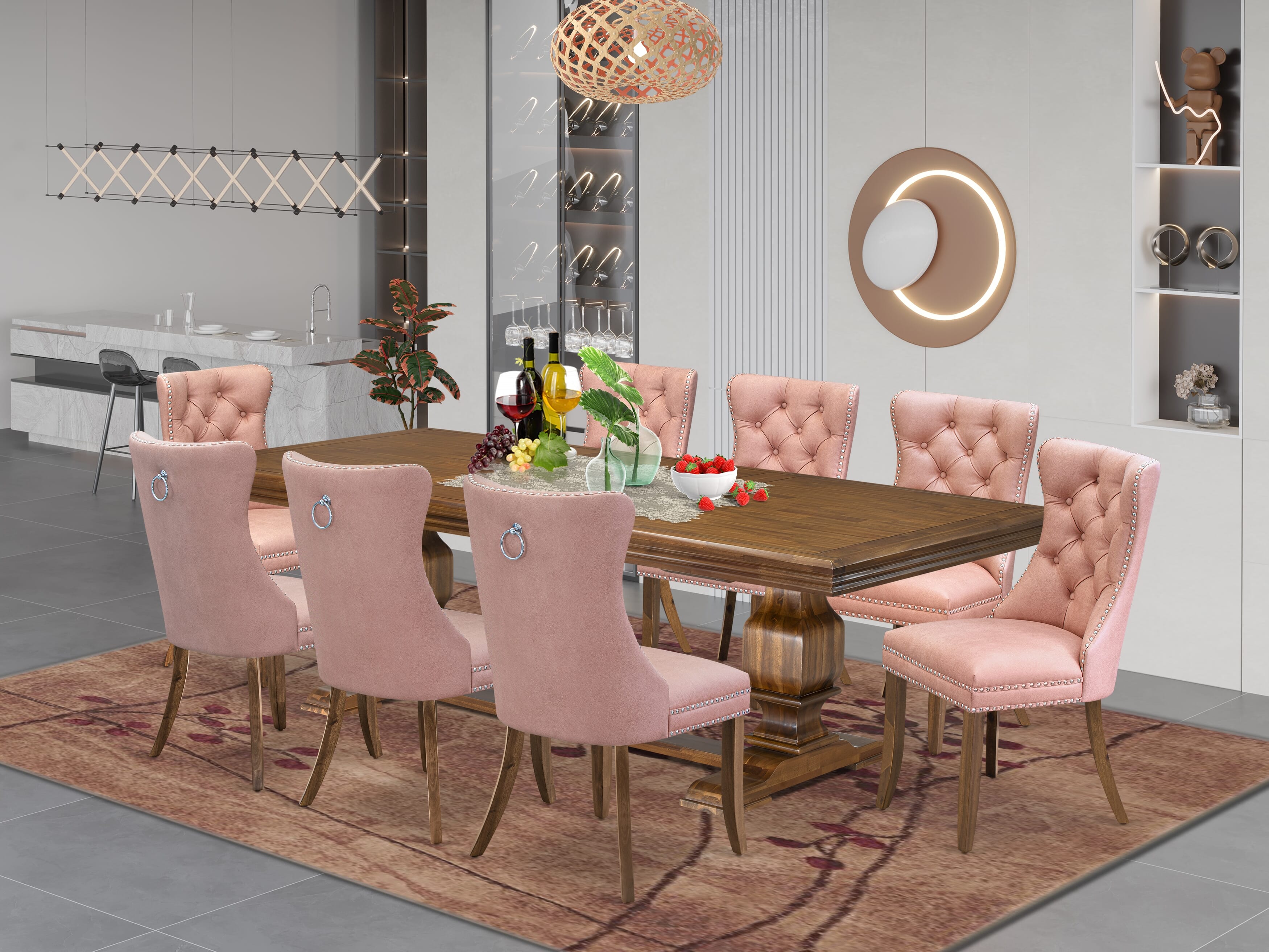 Luxe by East West Furniture NKDA9-AWA-23 9-piece Mid-Century Dining Table Set includes a Dining Table and 8 Beige Red Faux Leather Kitchen Chairs with Button tufted Back - Antique Walnut Finish