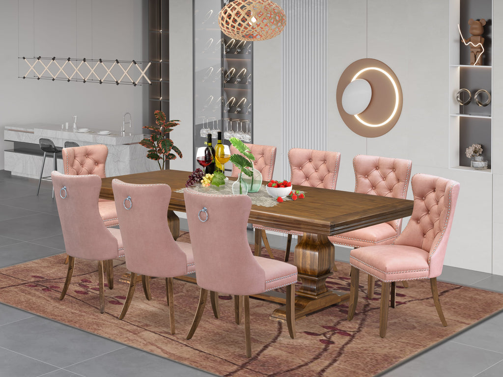 Luxe by East West Furniture NKDA9-AWA-23 9-piece Mid-Century Dining Table Set includes a Dining Table and 8 Beige Red Faux Leather Kitchen Chairs with Button tufted Back - Antique Walnut Finish
