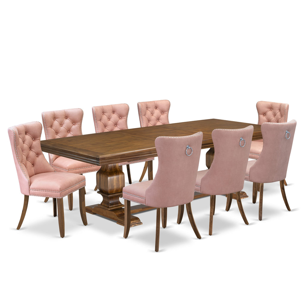 Luxe by East West Furniture NKDA9-AWA-23 9-piece Mid-Century Dining Table Set includes a Dining Table and 8 Beige Red Faux Leather Kitchen Chairs with Button tufted Back - Antique Walnut Finish