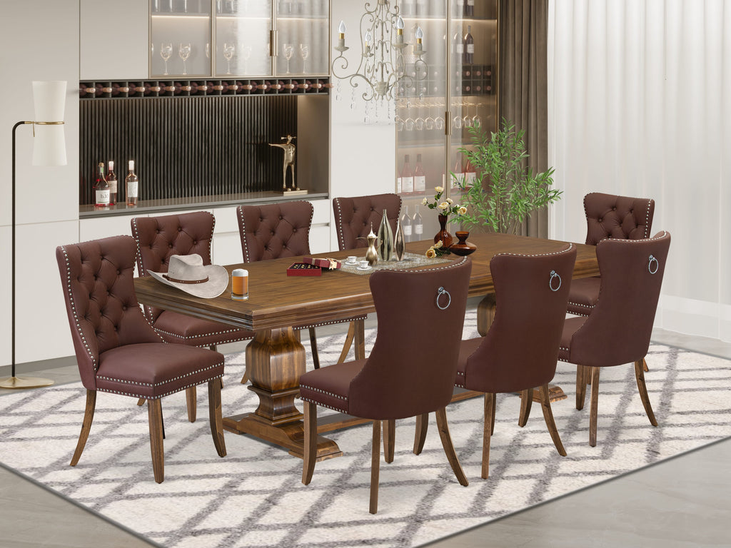 Luxe by East West Furniture NKDA9-AWA-26-9 Pieces Dining Table Set Includes a Rectangle Table and 8 Burgundy Faux Leather Dining Chairs, Antique Walnut