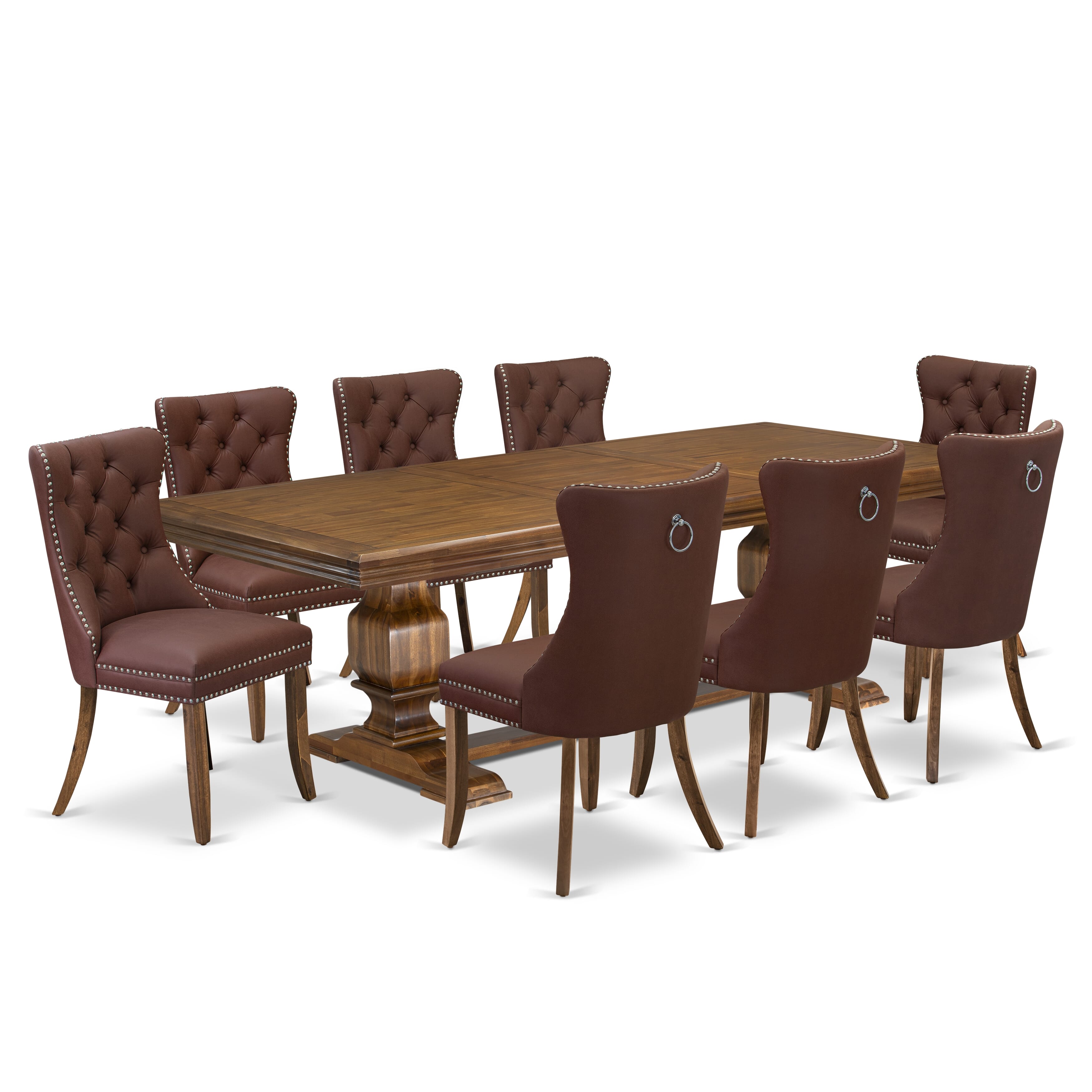 Luxe by East West Furniture NKDA9-AWA-26-9 Pieces Dining Table Set Includes a Rectangle Table and 8 Burgundy Faux Leather Dining Chairs, Antique Walnut