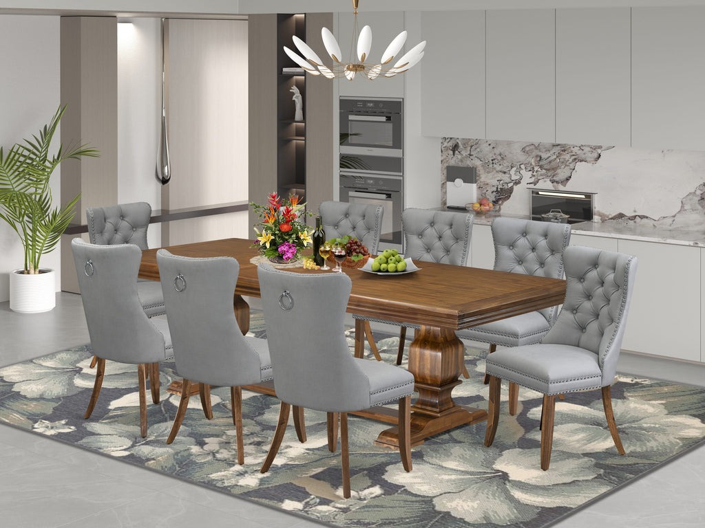Luxe by East West Furniture NKDA9-AWA-27-9 Pieces Dining Table Set Includes a Rectangle Table and 8 Light Gray Faux Leather Dining Chairs, Antique Walnut