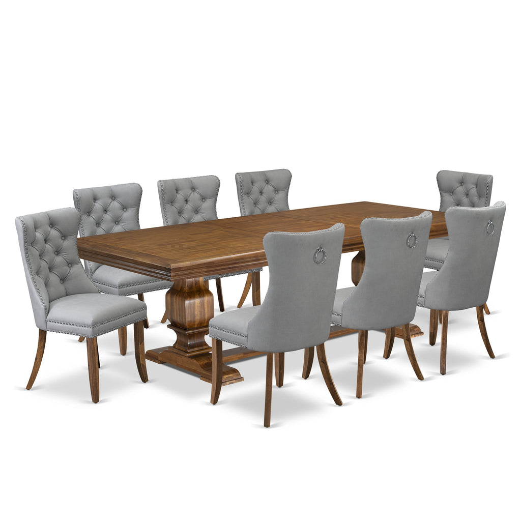 Luxe by East West Furniture NKDA9-AWA-27-9 Pieces Dining Table Set Includes a Rectangle Table and 8 Light Gray Faux Leather Dining Chairs, Antique Walnut