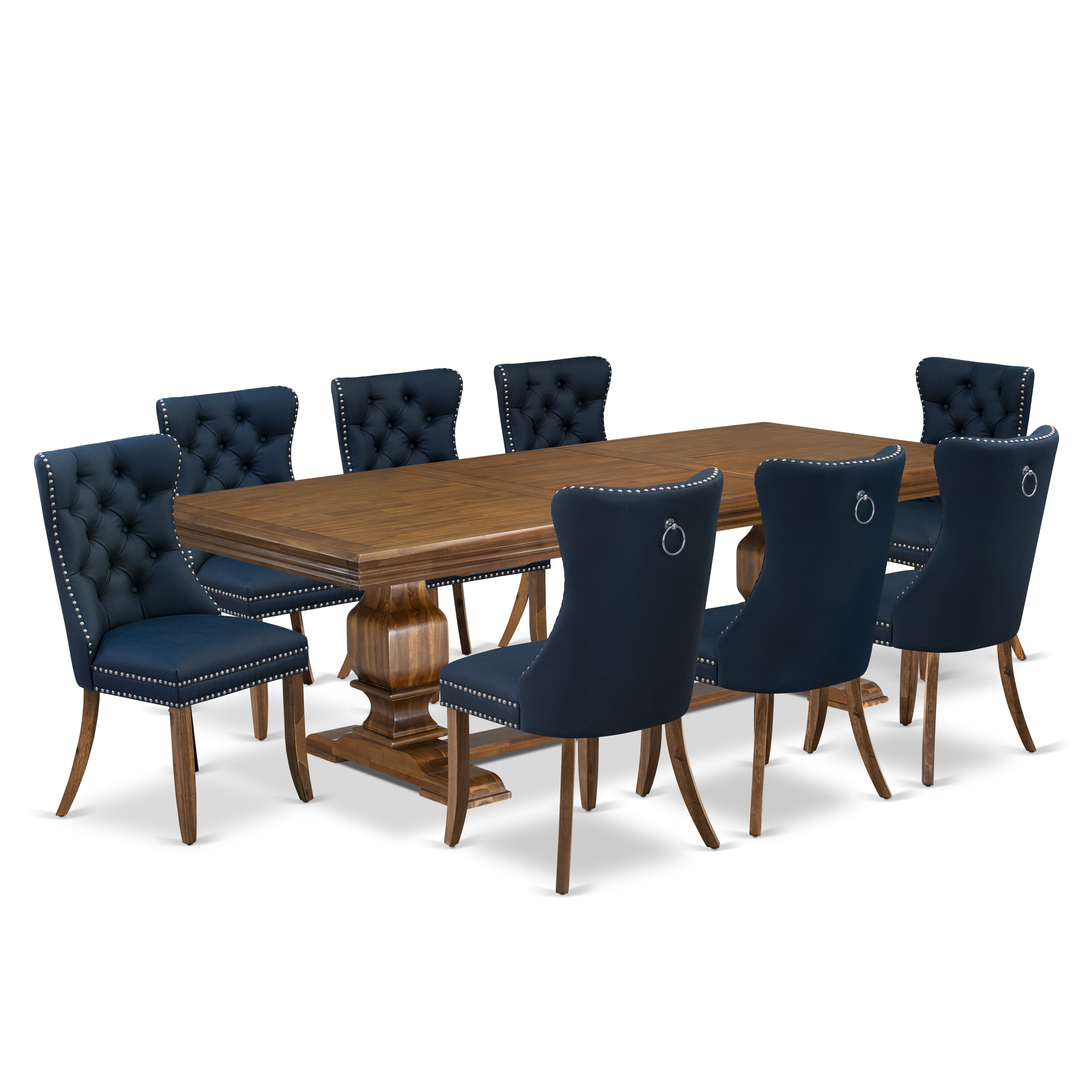 Luxe by East West Furniture NKDA9-AWA-29-9 Pieces Dining Table Set Includes a Rectangle Table and 8 Navy Blue Faux Leather Dining Chairs, Antique Walnut