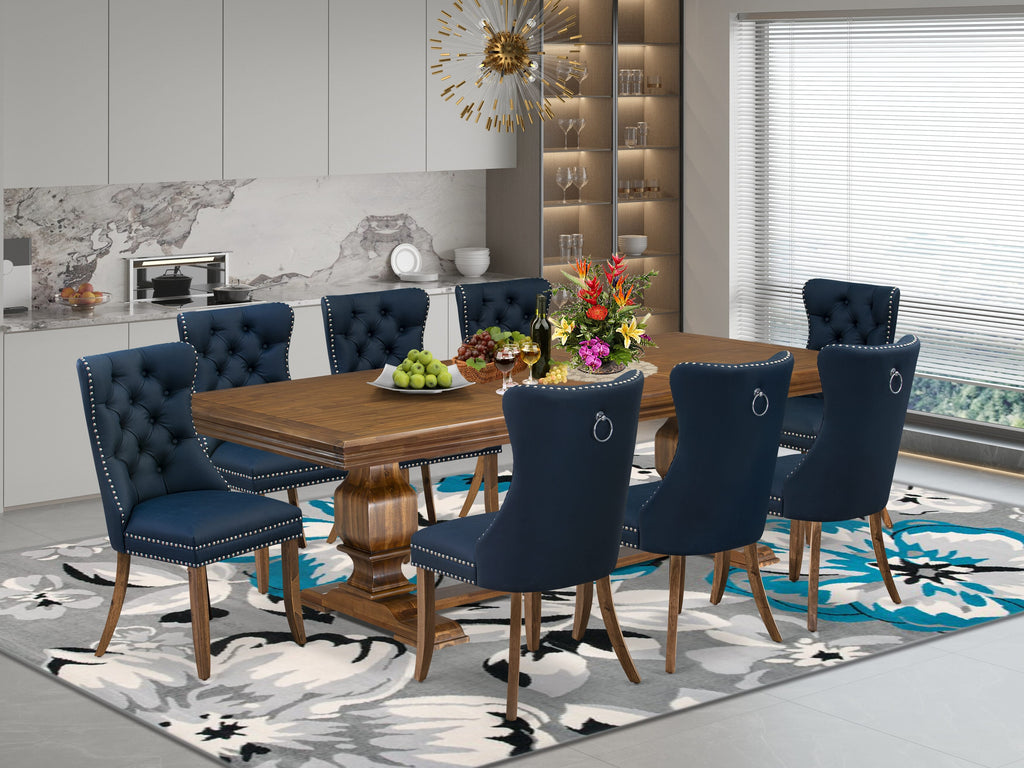 Luxe by East West Furniture NKDA9-AWA-29-9 Pieces Dining Table Set Includes a Rectangle Table and 8 Navy Blue Faux Leather Dining Chairs, Antique Walnut
